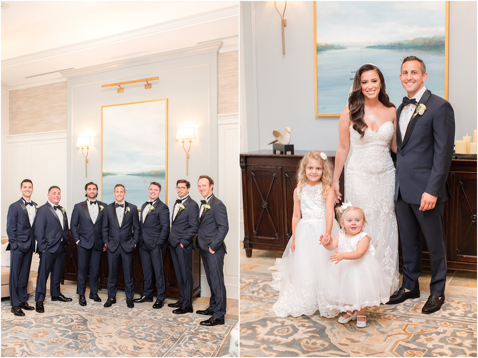 groom poses with groomsmen in lobby of Navesink Country Club