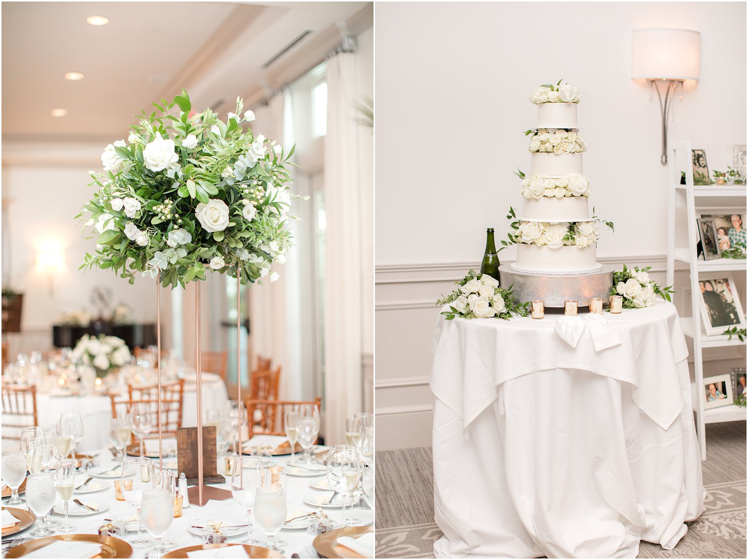elegant Navesink Country Club wedding reception with tall floral centerpieces and tiered wedding cake