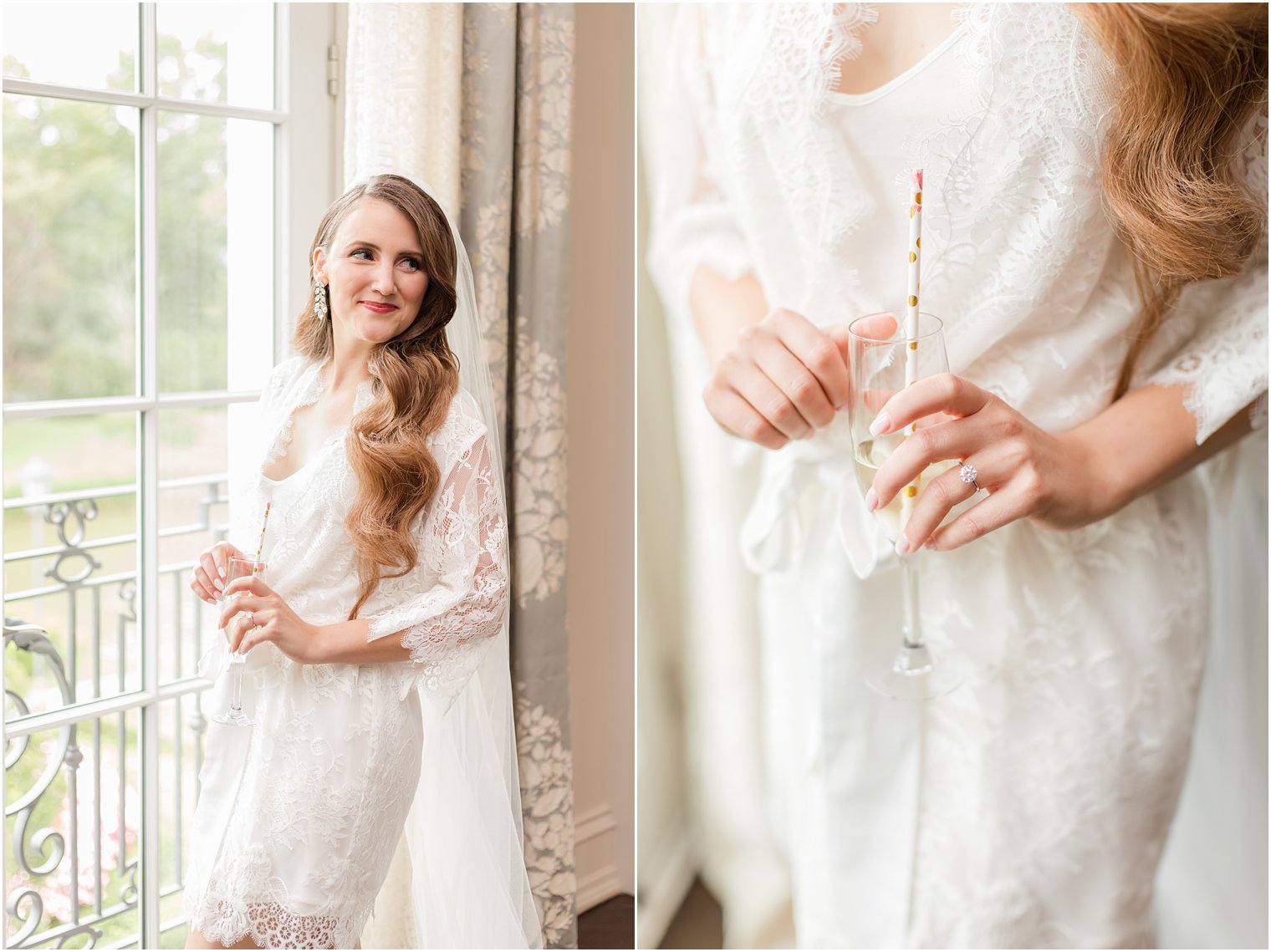 bride holds champagne glass with straw
