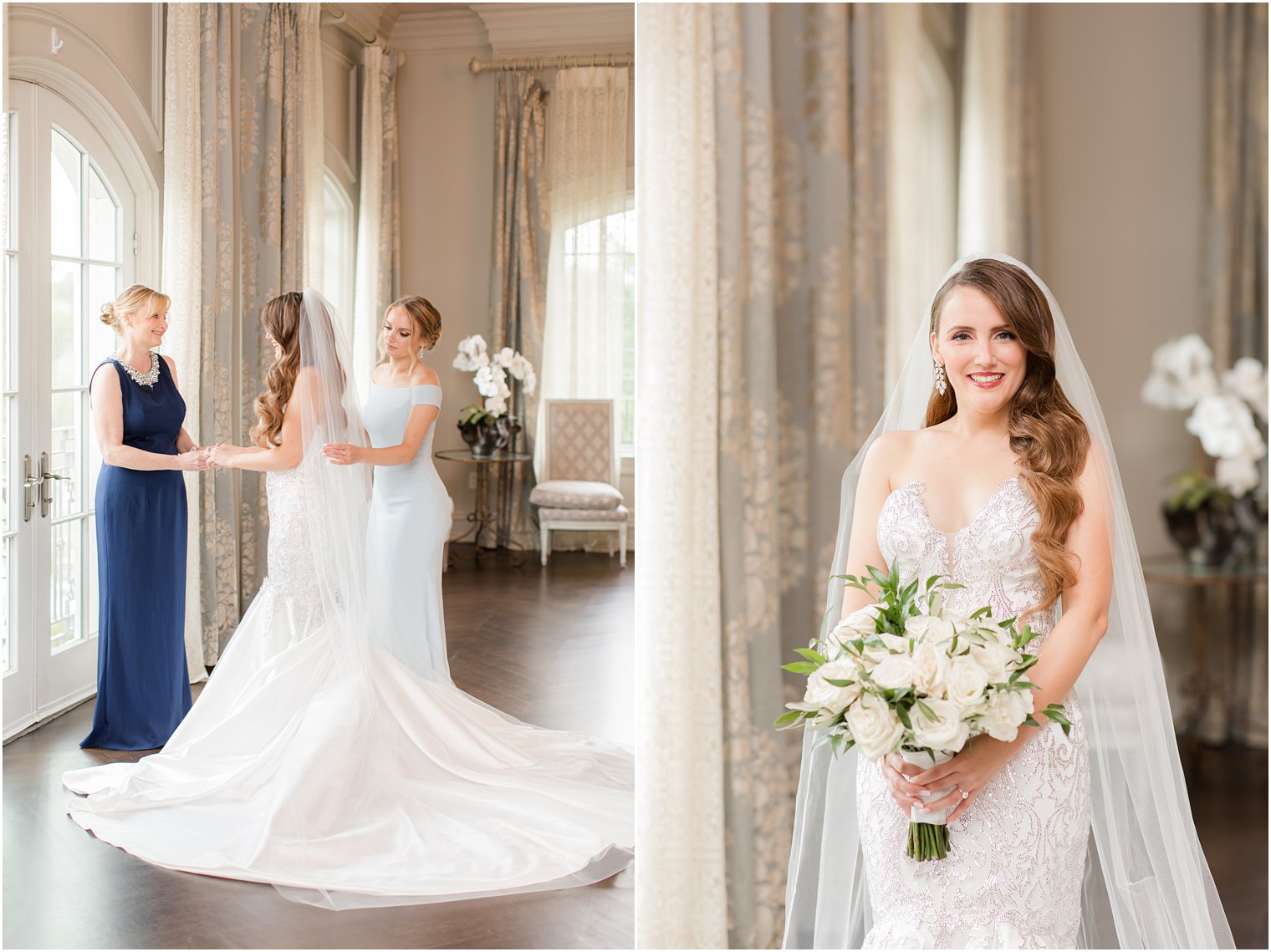 bridesmaid and mom help bride prepare for NJ wedding 