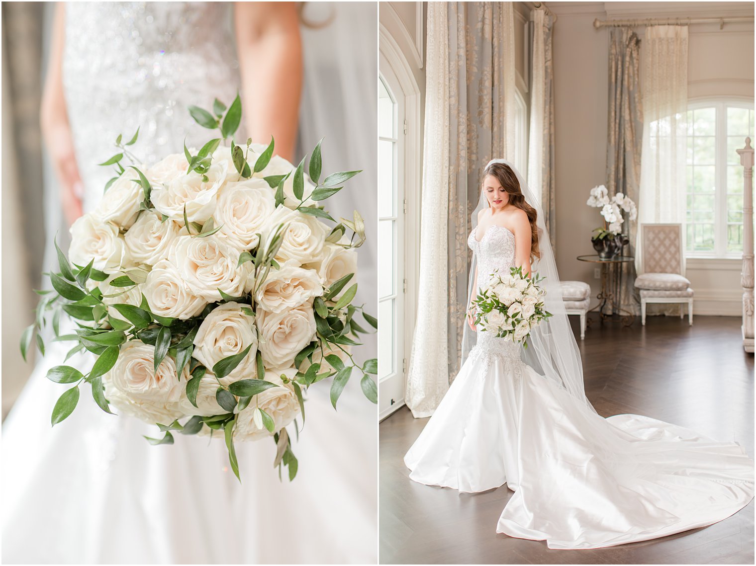 bride holds bouquet of ivory roses on hip
