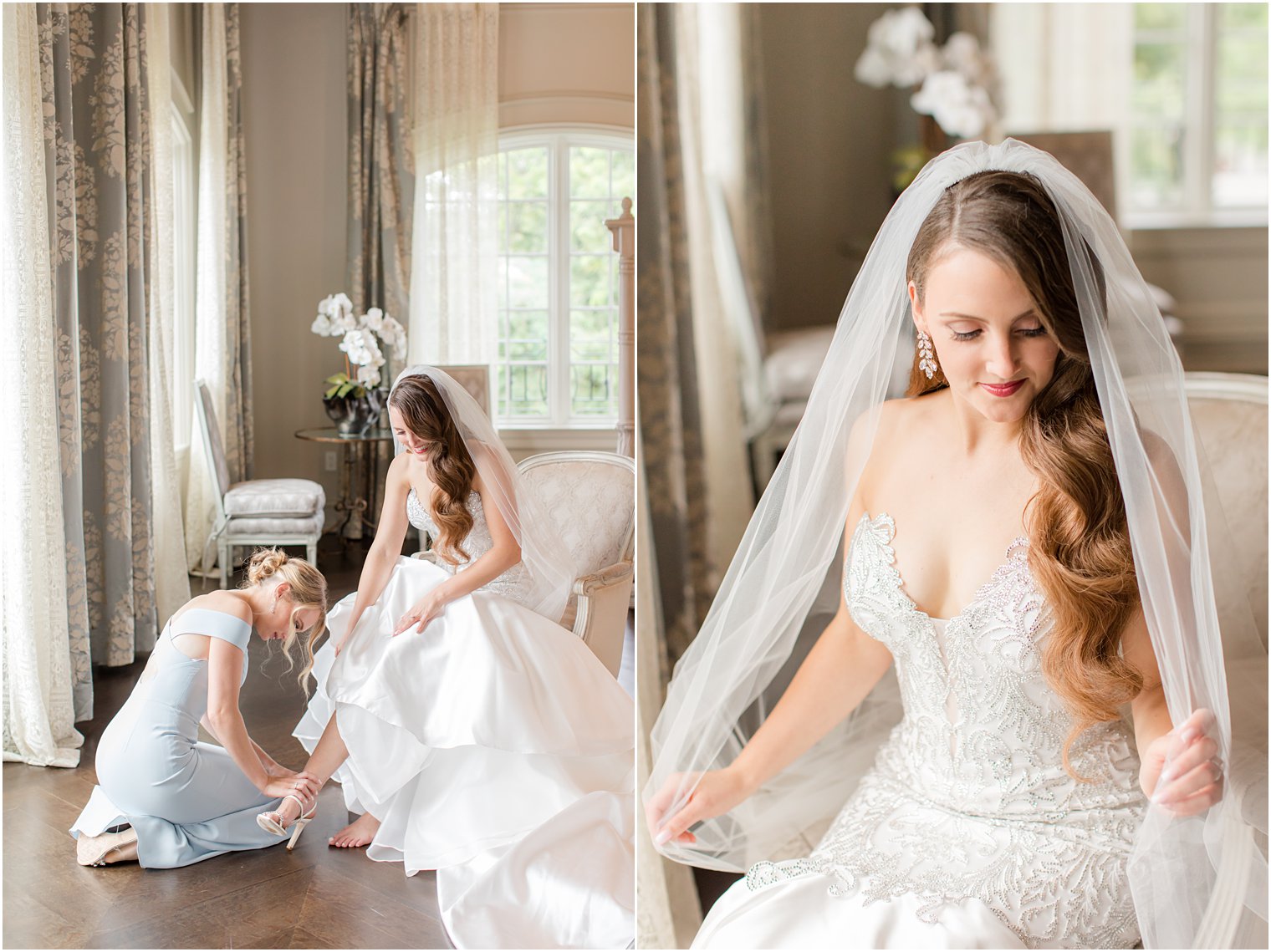 bridesmaid helps bride with wedding shoes 