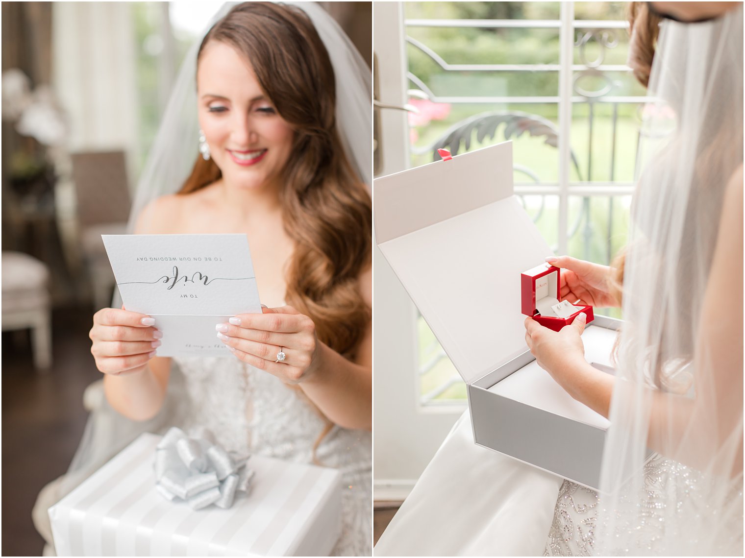 bride opens gift from groom on wedding day in NJ 