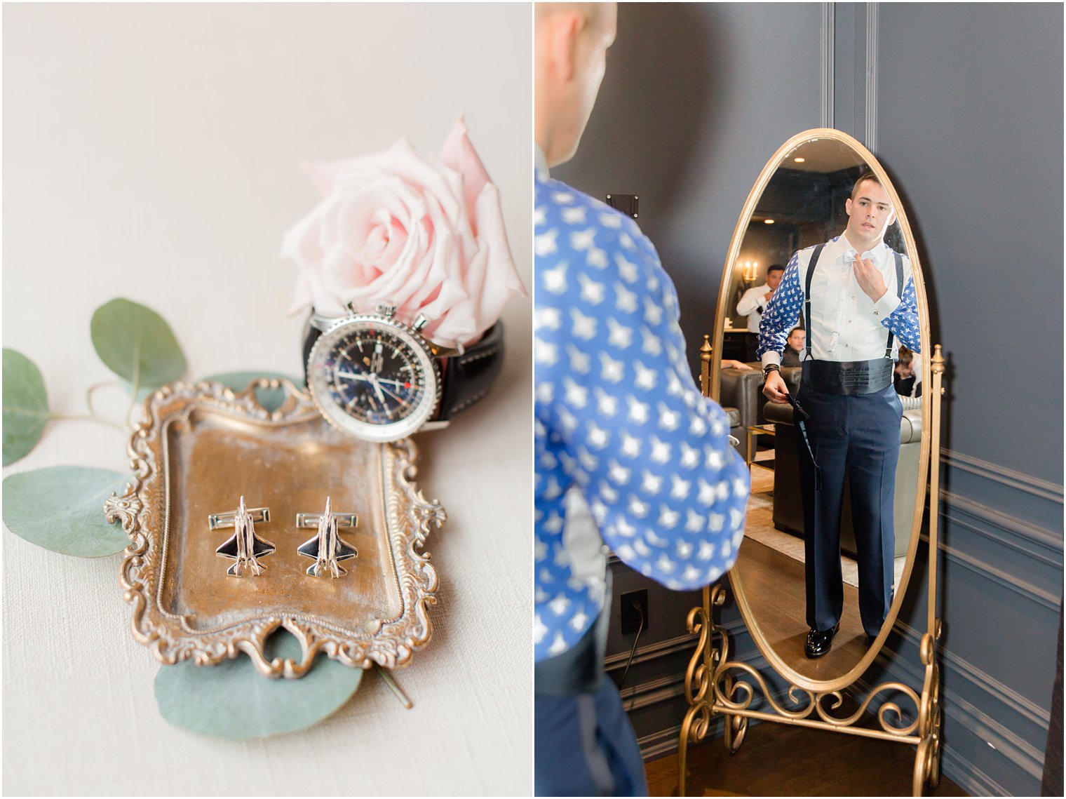 groom puts on custom cufflinks and adjusts shirt