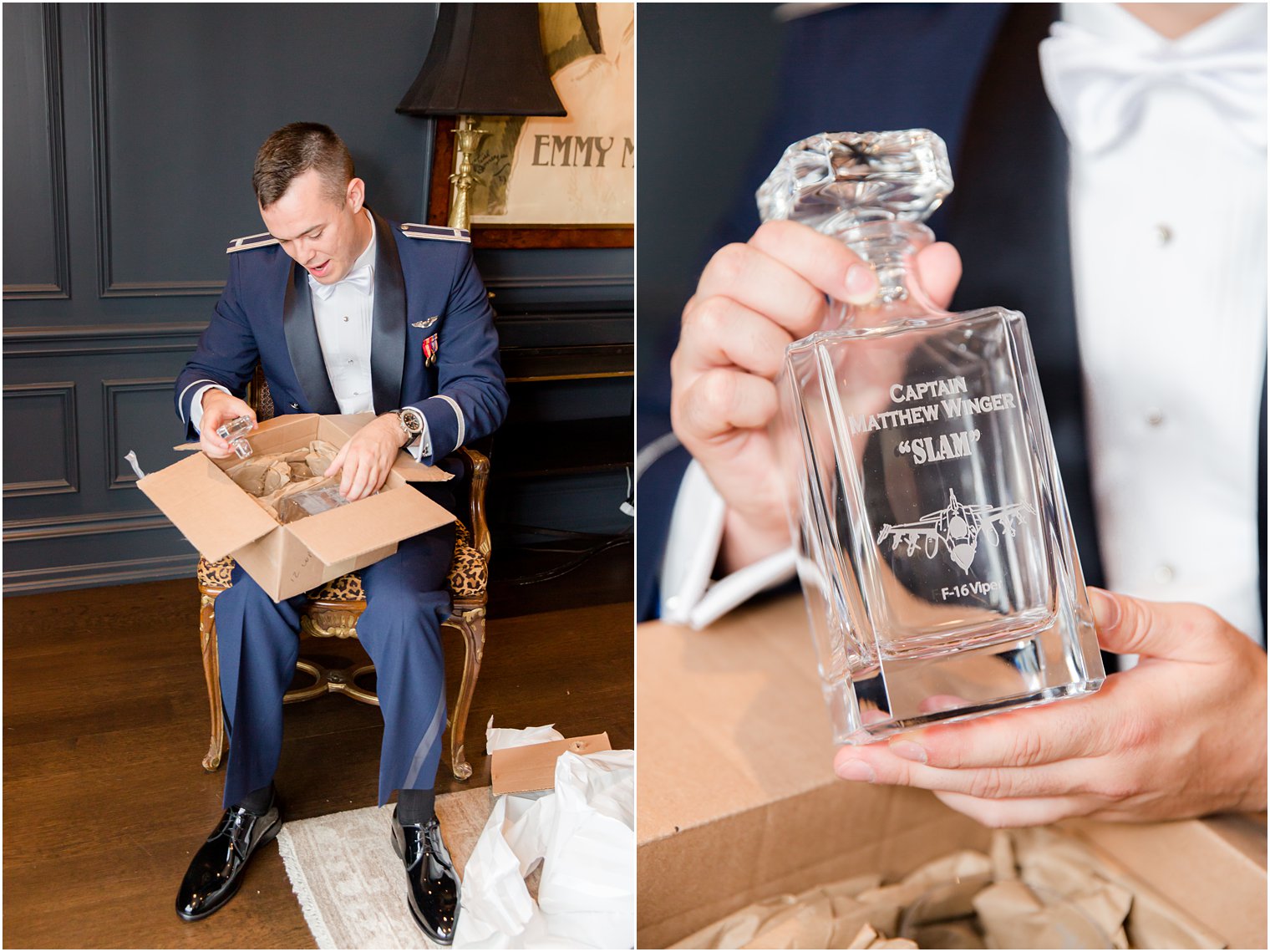 groom opens custom gift on wedding day