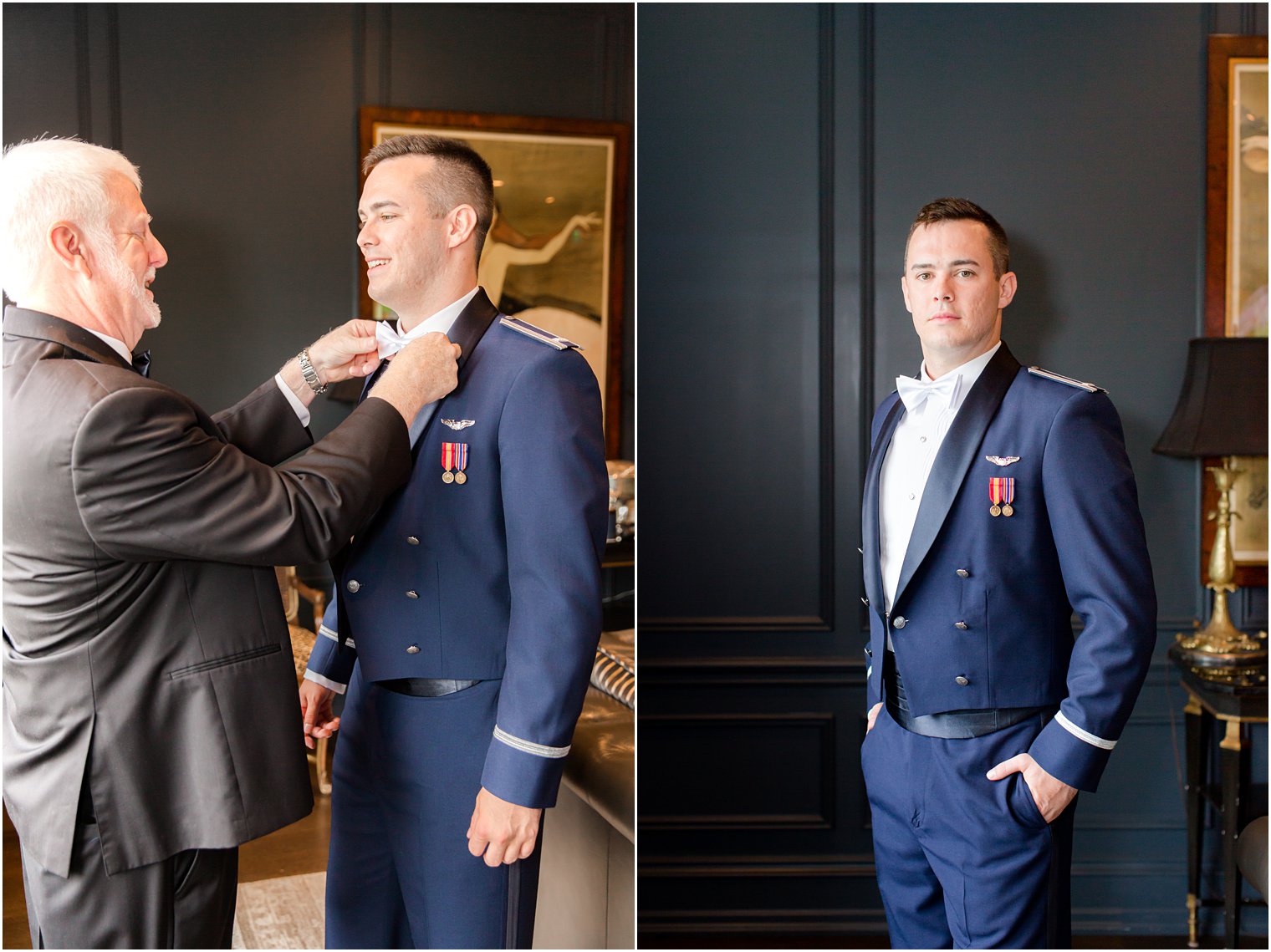 groom prepares for wedding day in military uniform