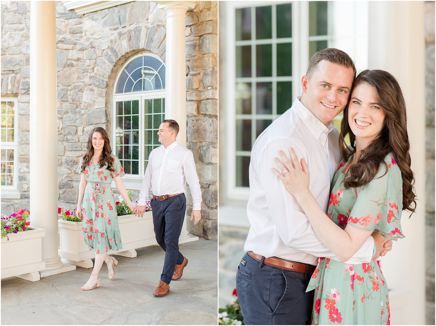 engaged couple hugs on a patio at Skytop Lodge during engagement photos