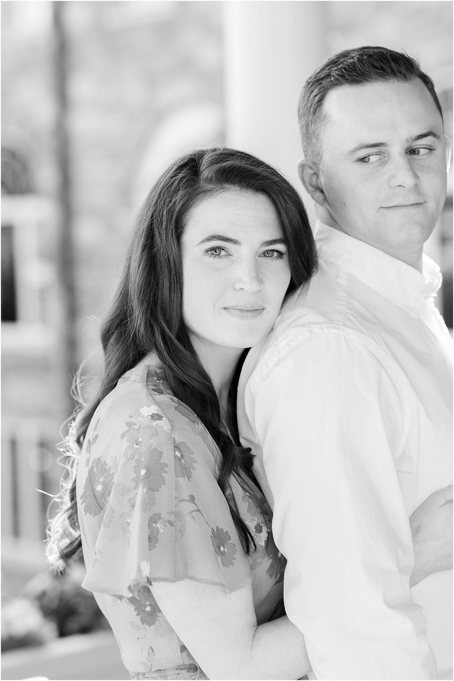 bride Lenas against groom's shoulders during Skytop Lodge engagement photos