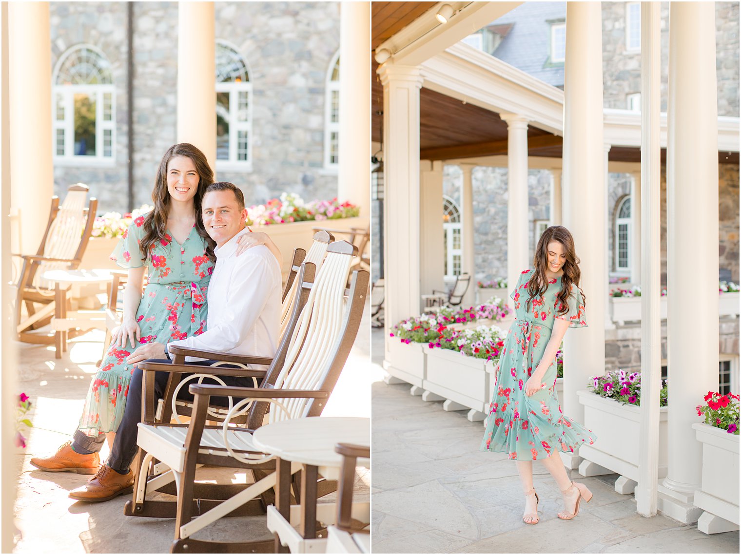 engaged couple sits on rocking chairs along patio at Skytop Lodge