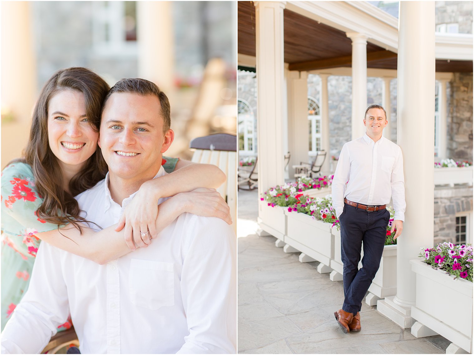 groom leans against pillar along patio at Skytop Lodge