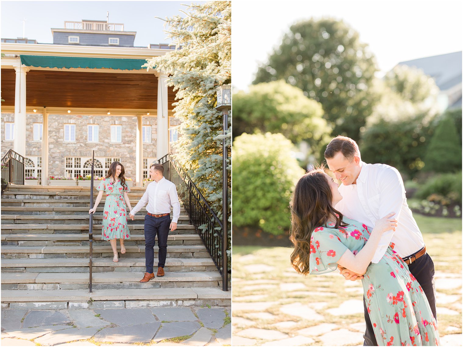 groom walks bride down steps at the Skytop Lodge