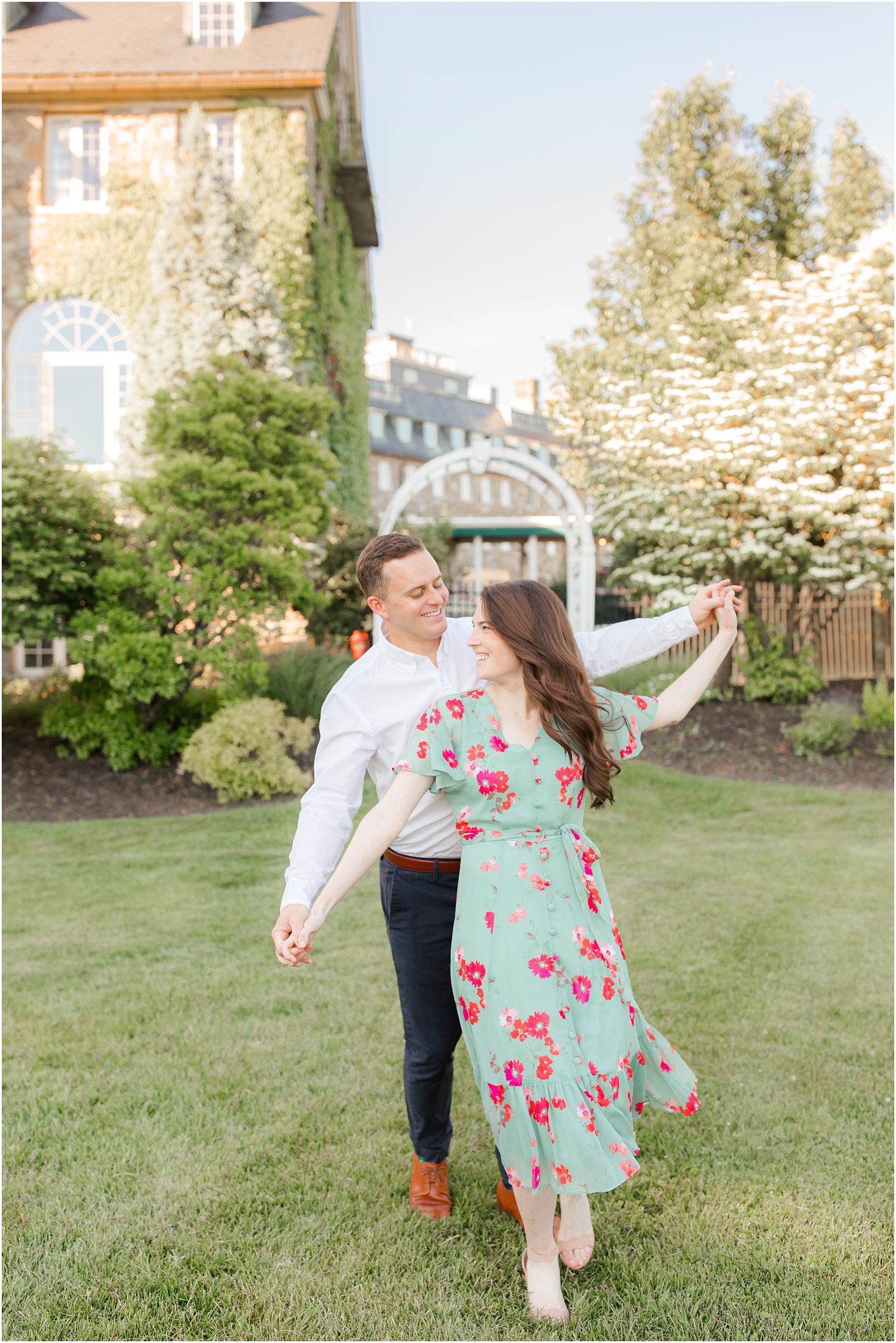 bride and groom dance during engagement portraits at Skytop Lodge