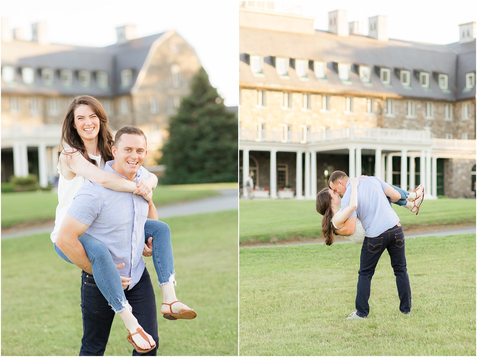 bride and groom laugh together outside the Skytop Lodge on the lawn