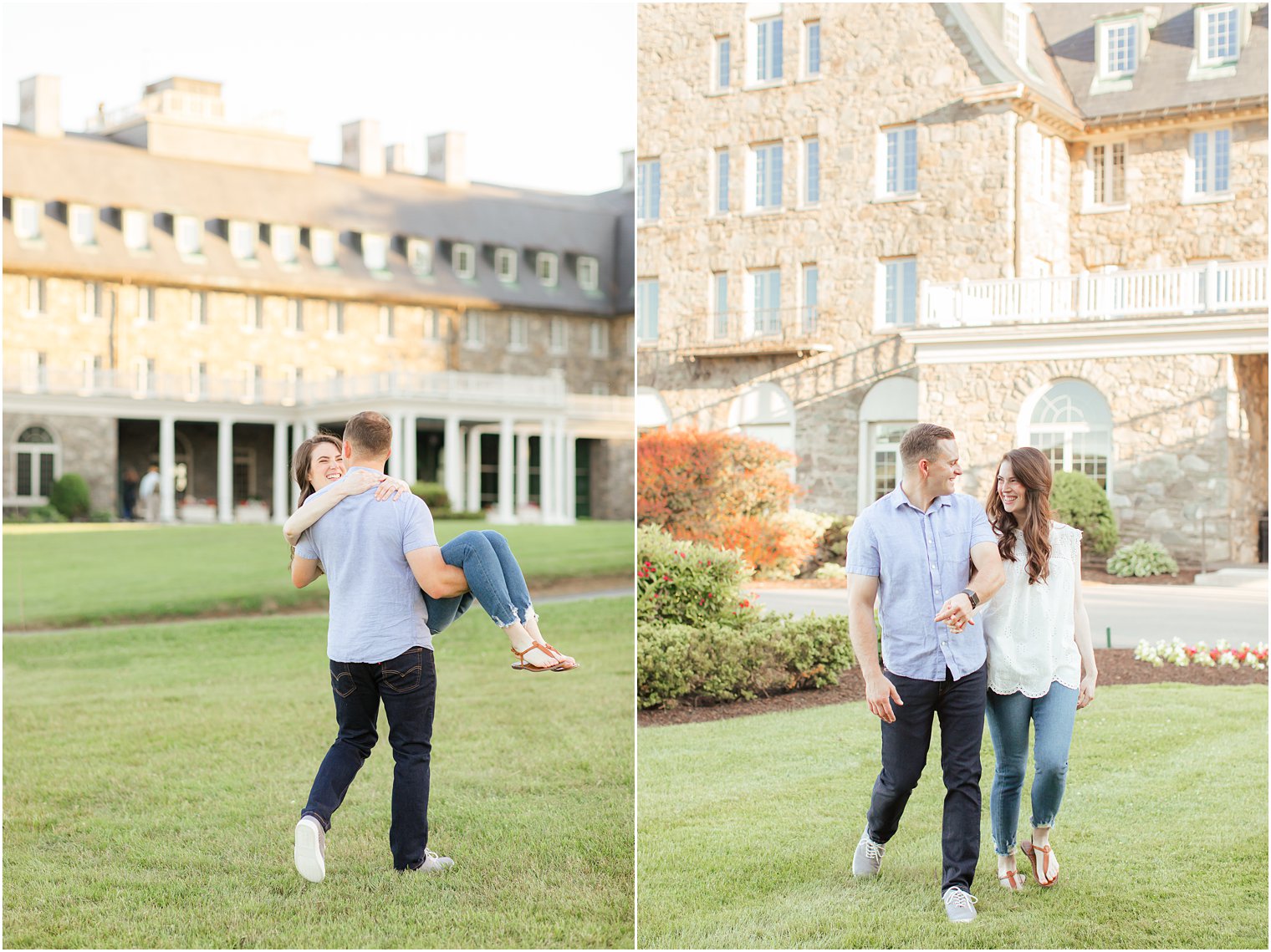 groom lifts bride during Skytop Lodge engagement photos