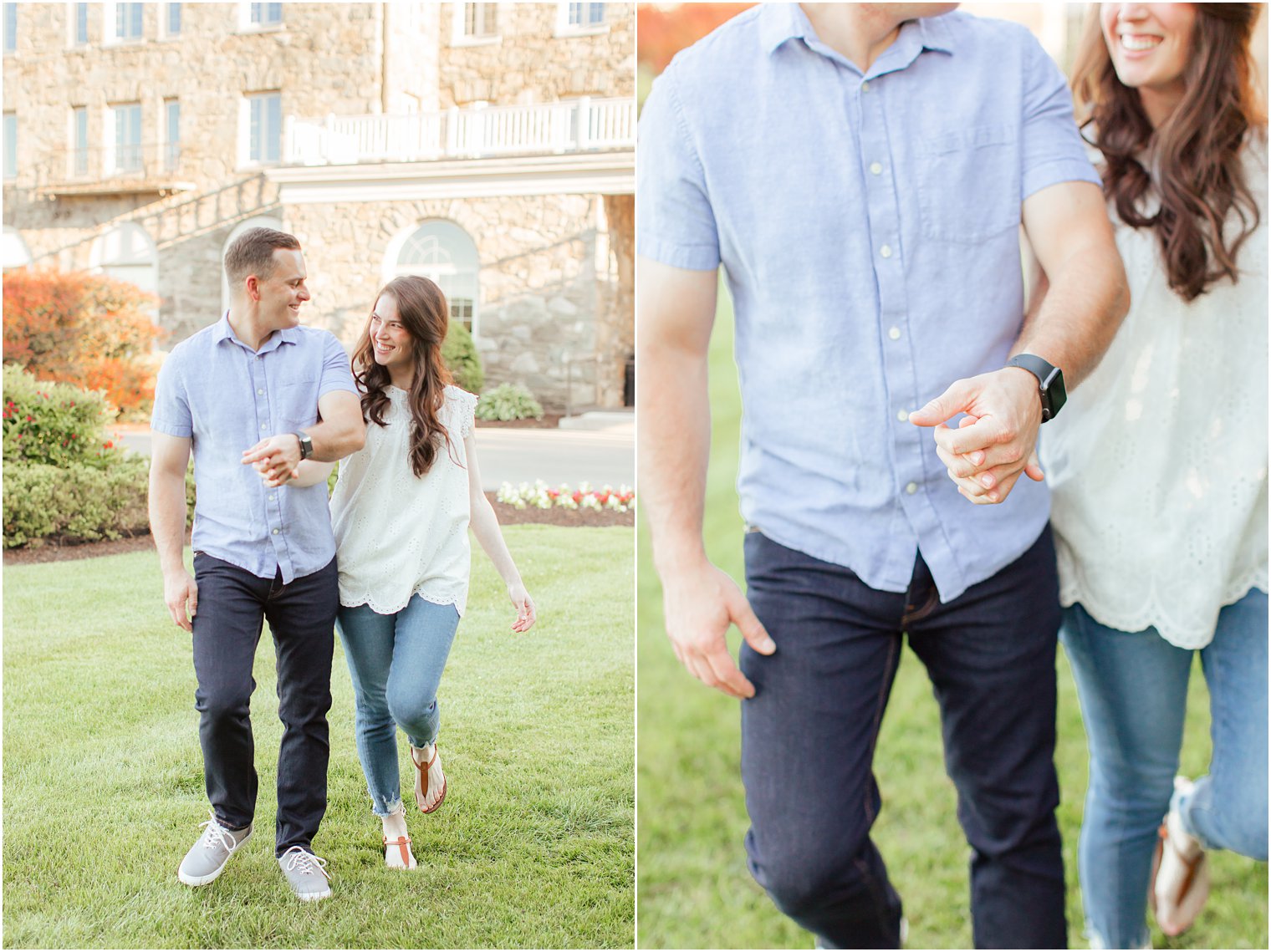 couple walks through along the lawn outside the Skytop Lodge