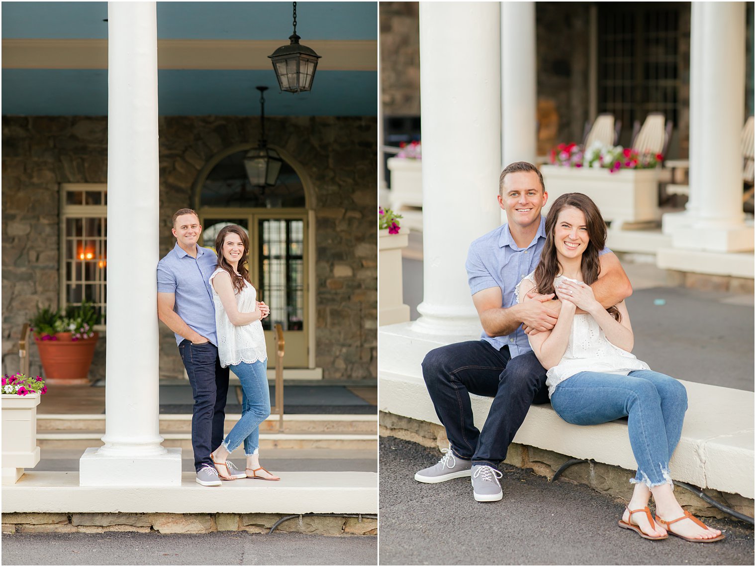 engaged couple poses by driveway at Skytop Lodge in the Poconos 