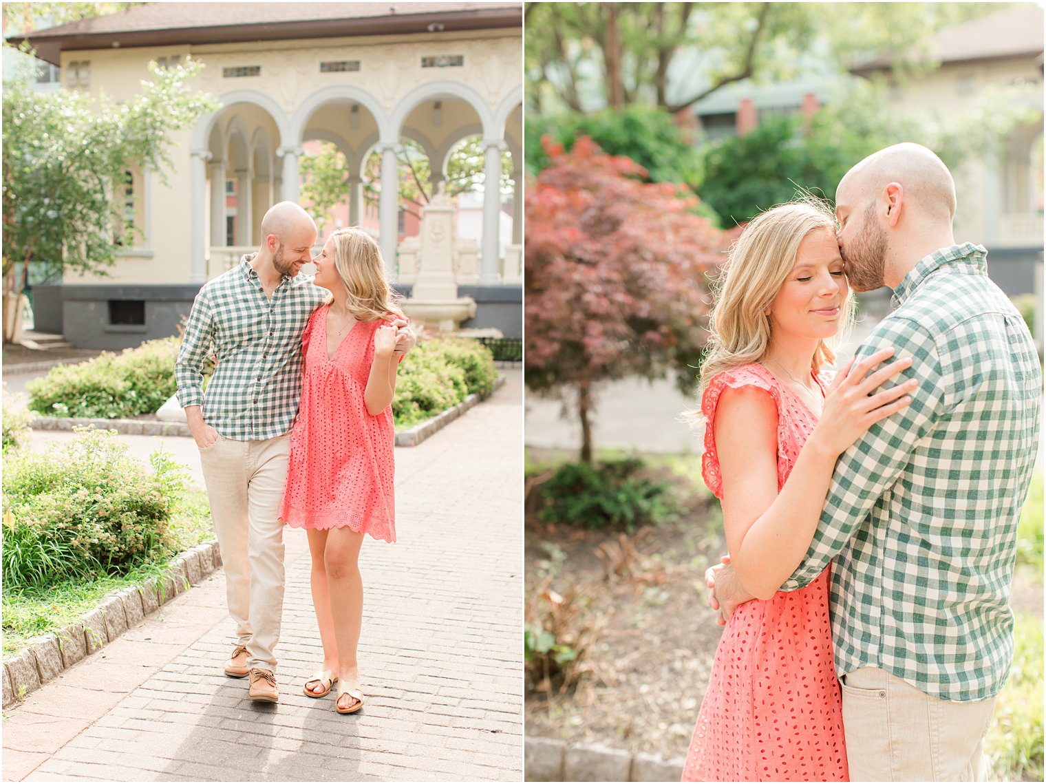 engaged couple kisses in garden in New Jersey