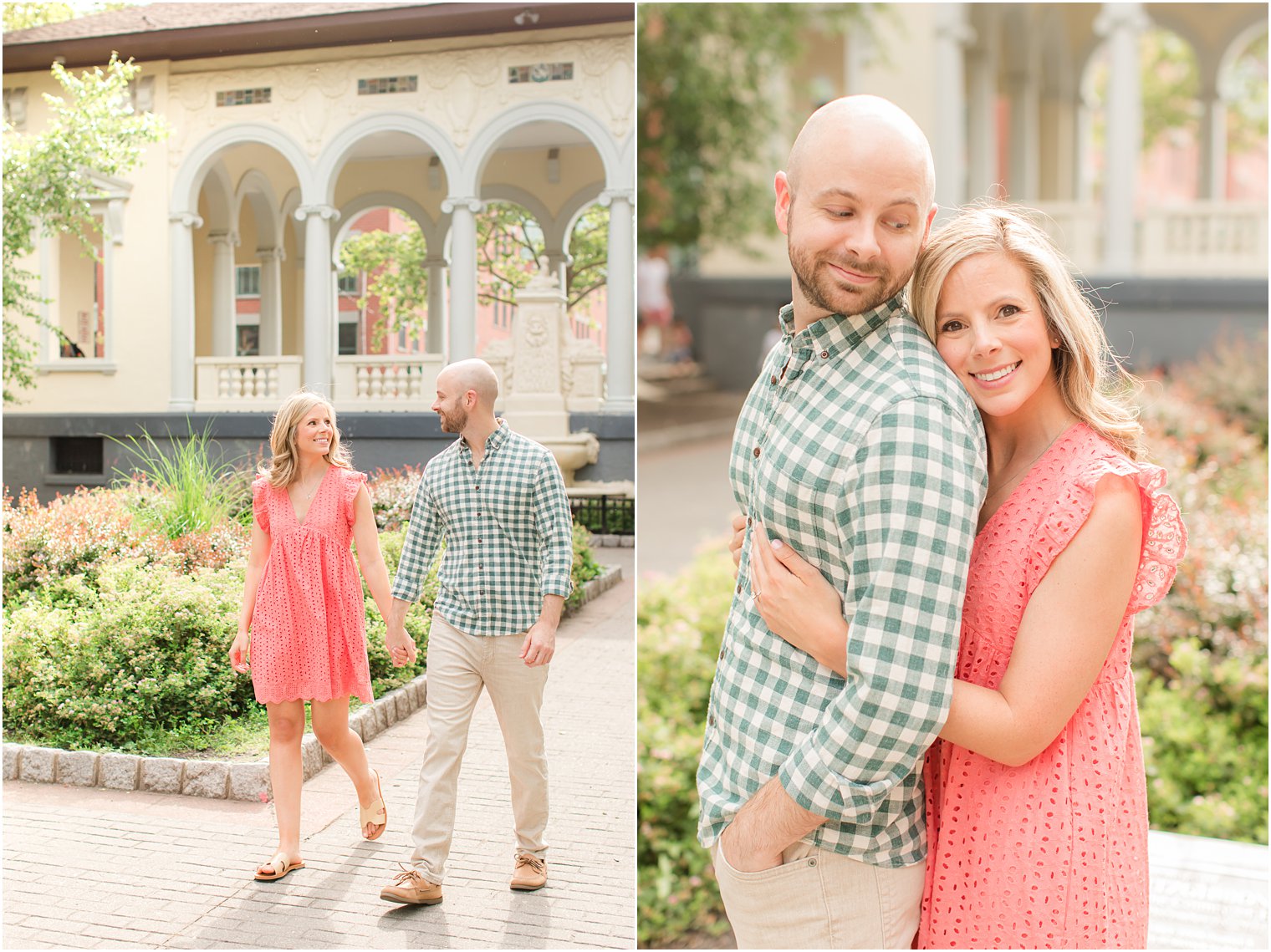 bride and groom walk together through gardens during summer Hoboken engagement session