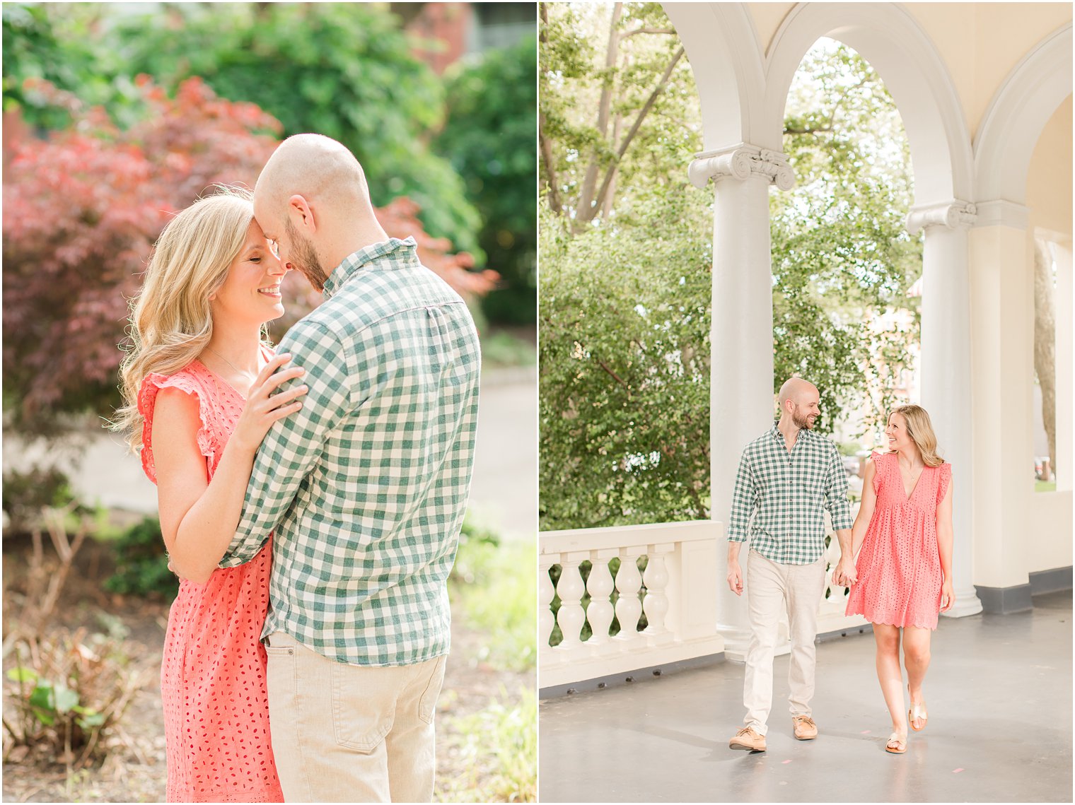 engaged couple walks along pathway with arches in New Jersey