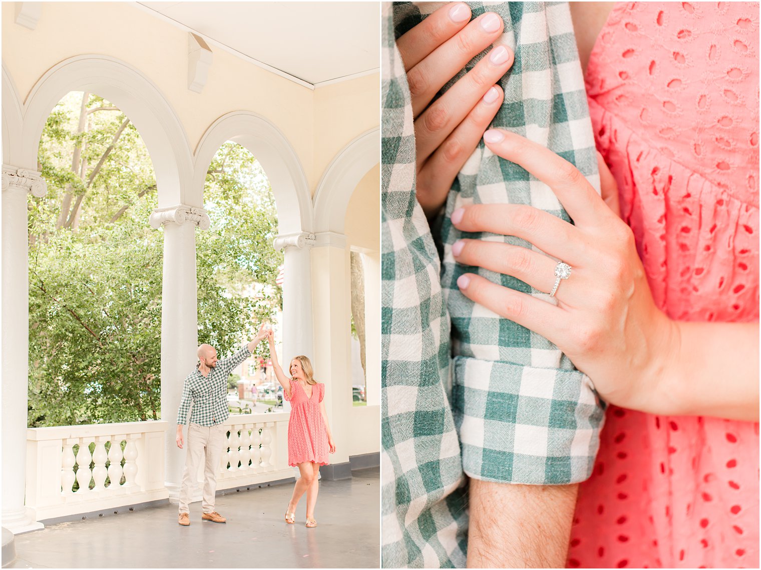 summer Hoboken engagement session with bride in coral dress