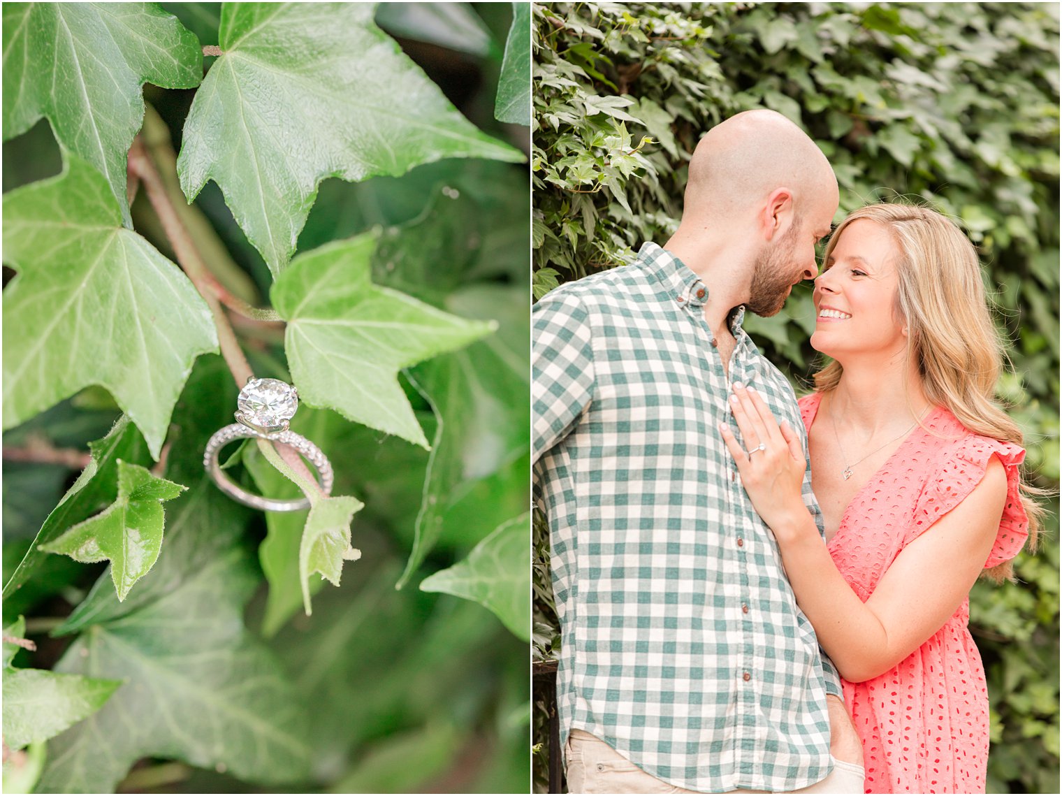 bride and groom stand together by ivy wall in New Jersey