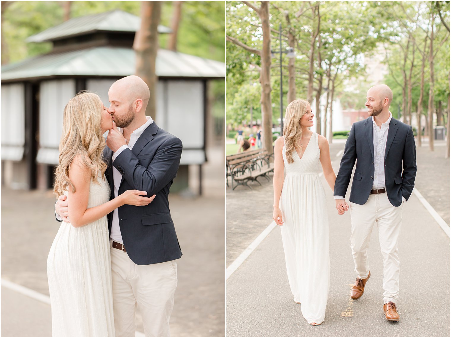 couple walks through park during summer Hoboken engagement session