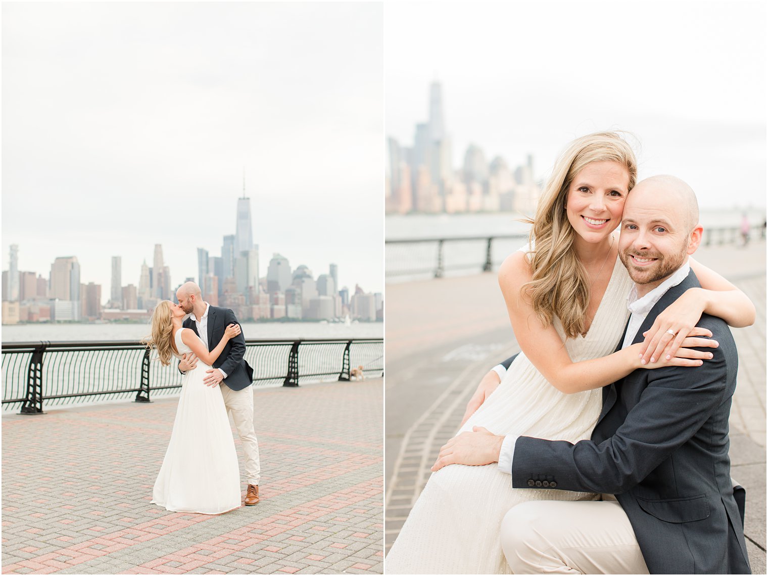 bride and groom pose along water in New Jersey