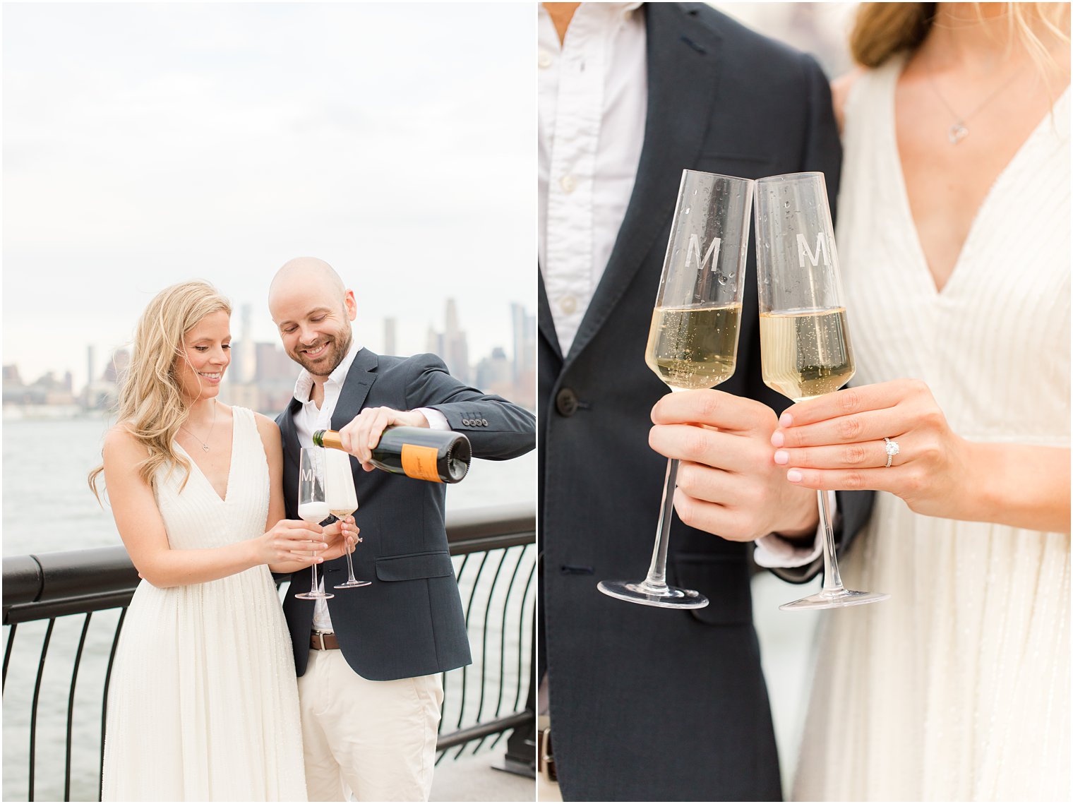 couple toasts with champagne for summer Hoboken engagement session