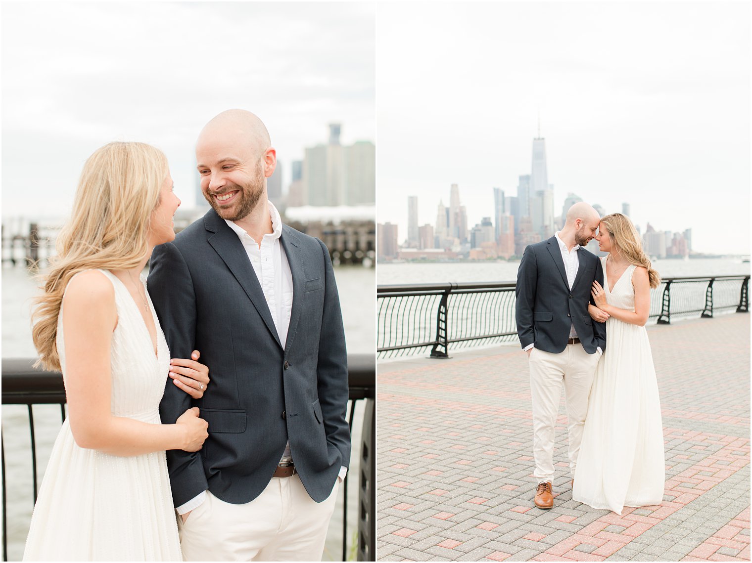 summer Hoboken engagement session along waterfront for bride in white dress and groom in suit jacket