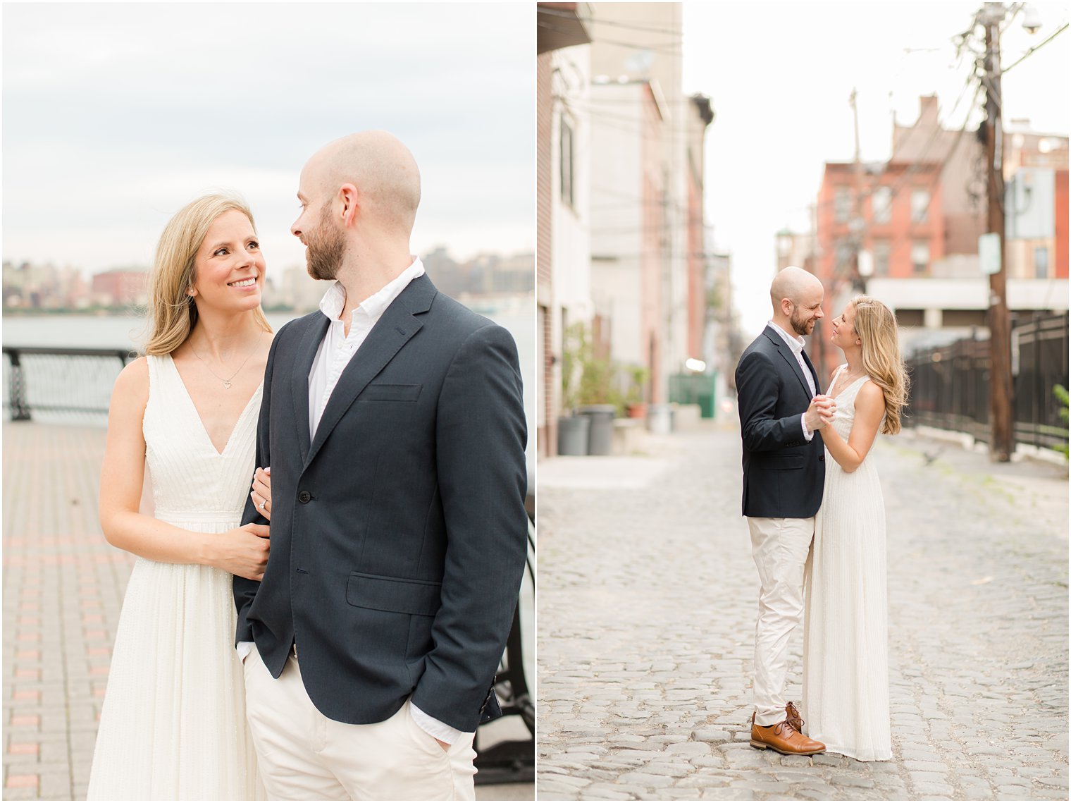 engaged couple walks down cobblestone streets in Hoboken NJ