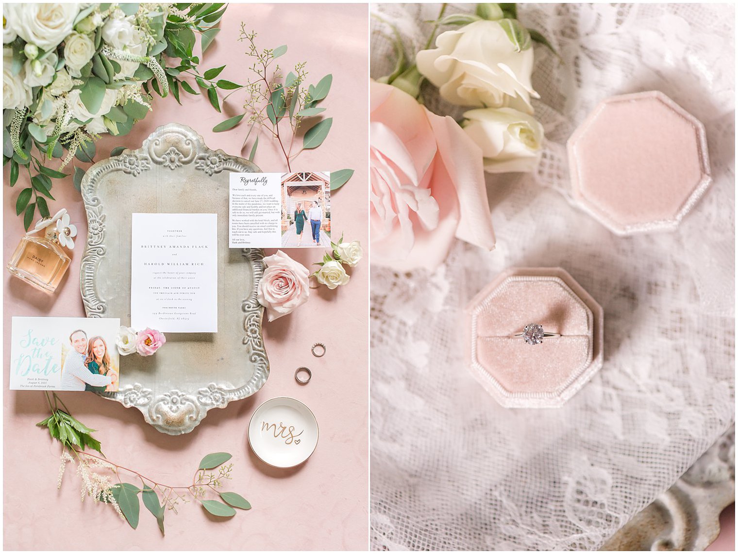 classic wedding invitation lays on silver tray