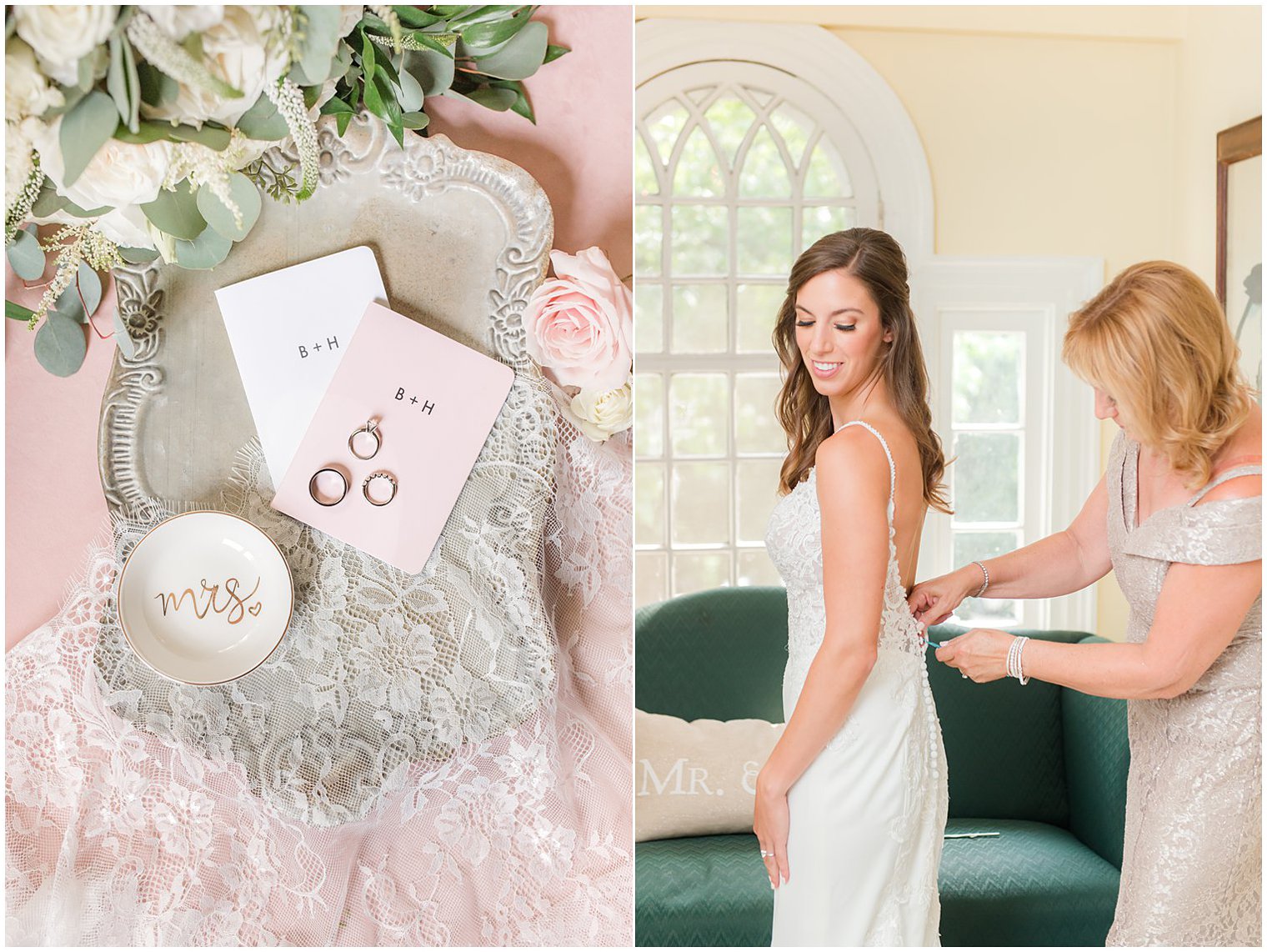 mother helps bride with wedding gown before NJ celebration