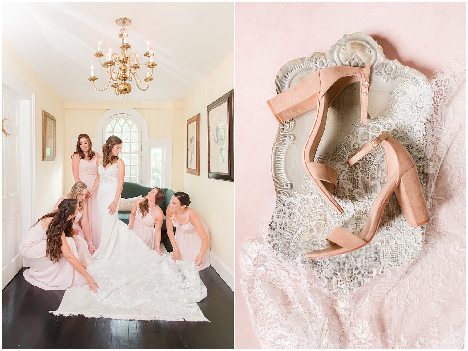 bridesmaids help bride prepare for the Inn at Fernbrook Farms wedding