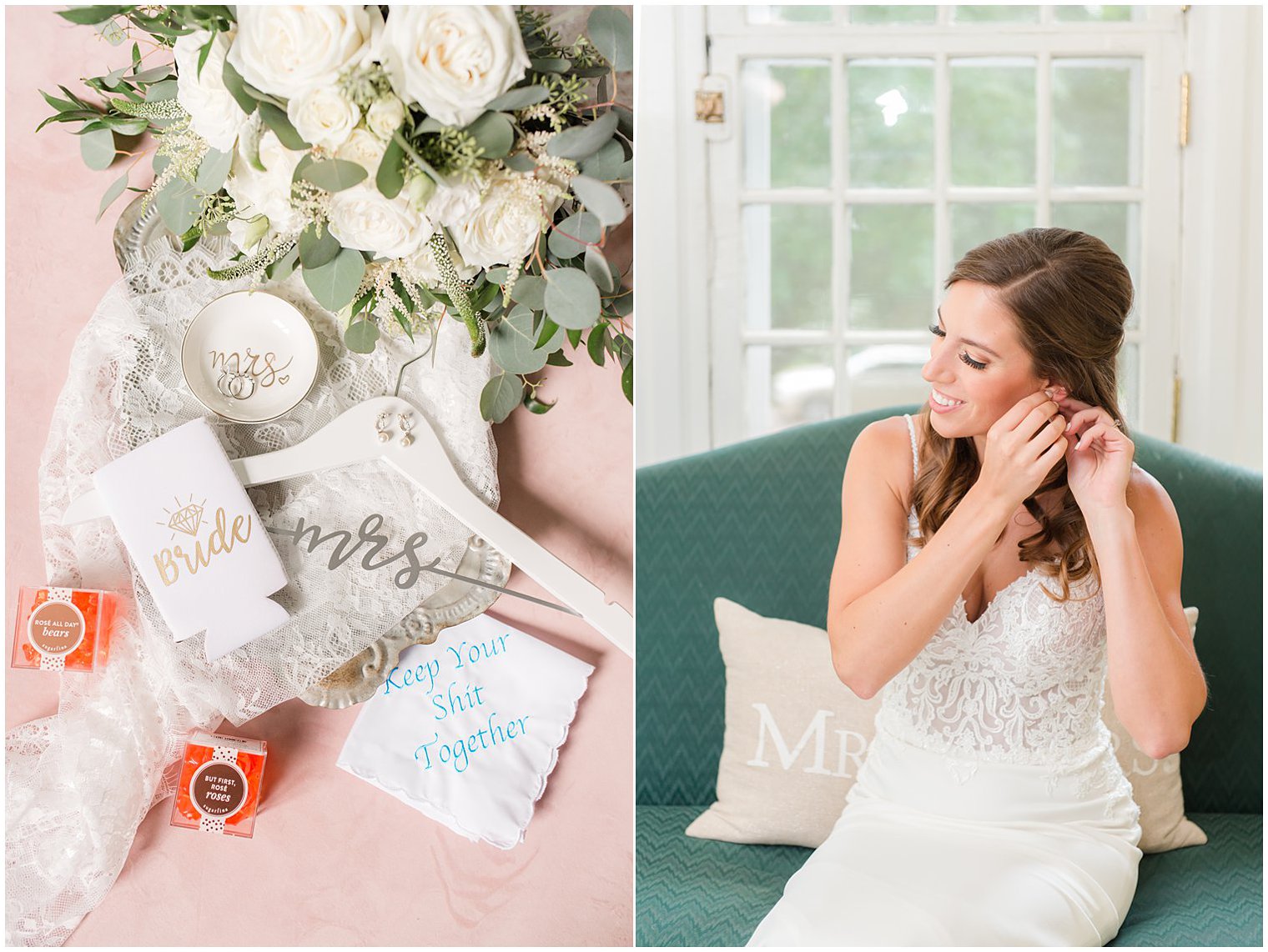 bride adjusts earrings for NJ wedding day at the Inn at Fernbrook Farms