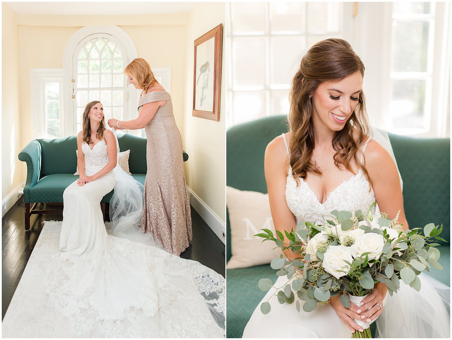 bride holds bouquet sitting on green sofa at the Inn at Fernbrook Farms