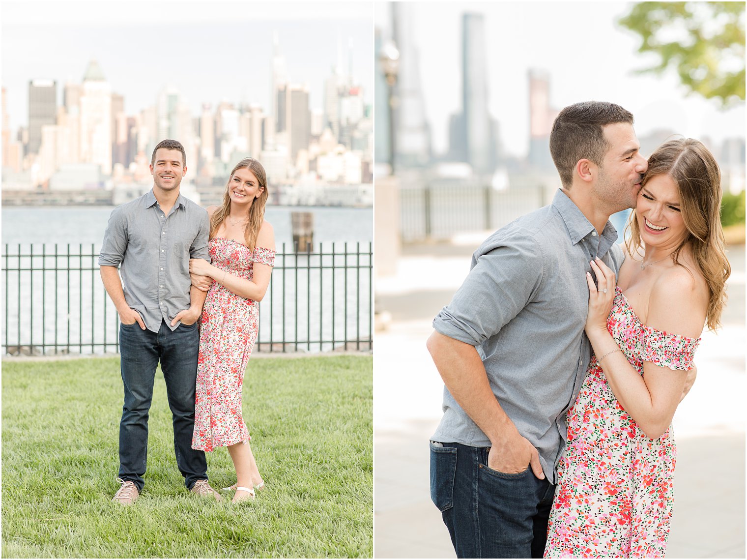 bride and groom laugh together during park photos for Weehawken Waterfront engagement session
