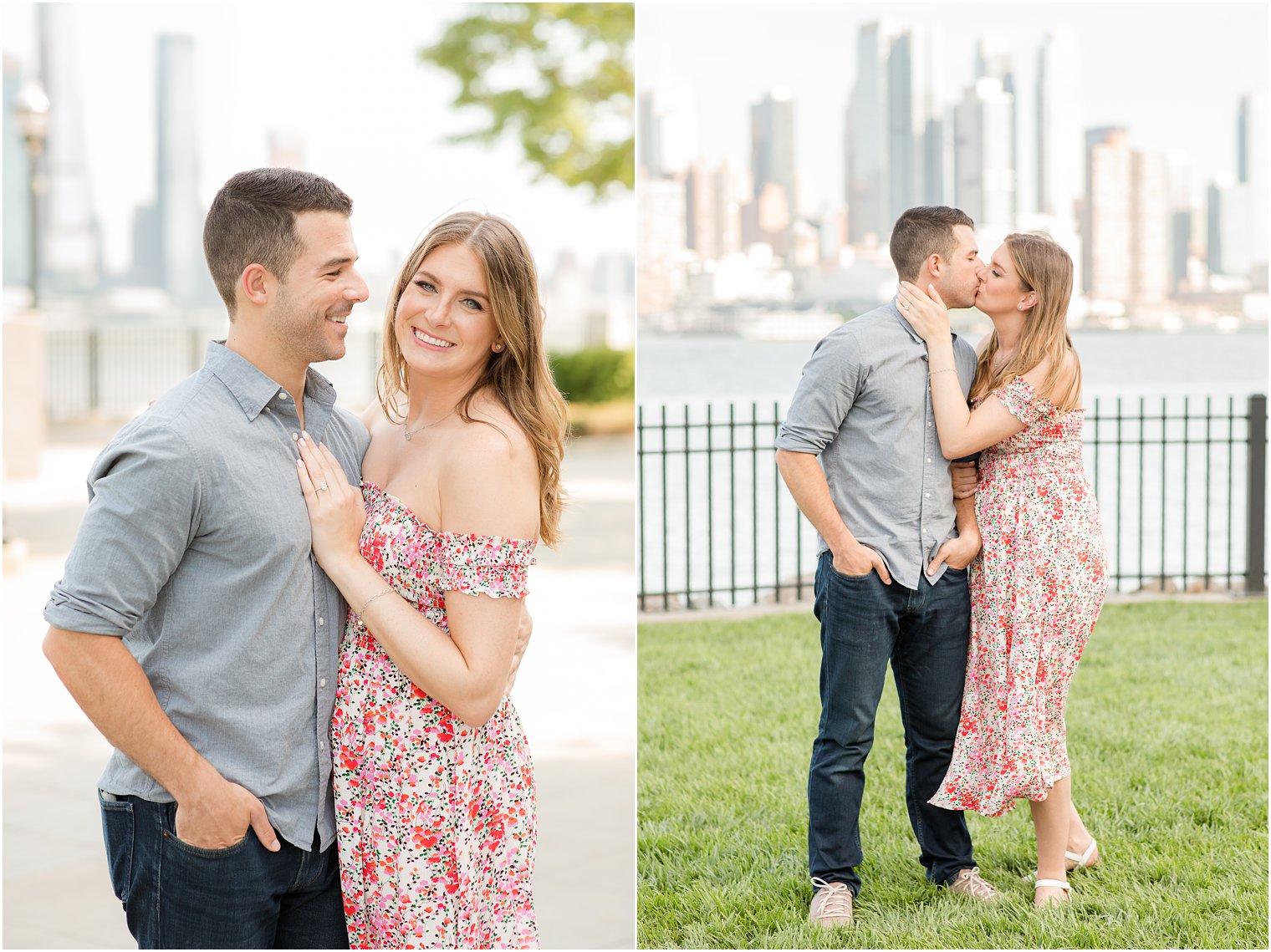 bride and groom pose in green grass with NYC behind them