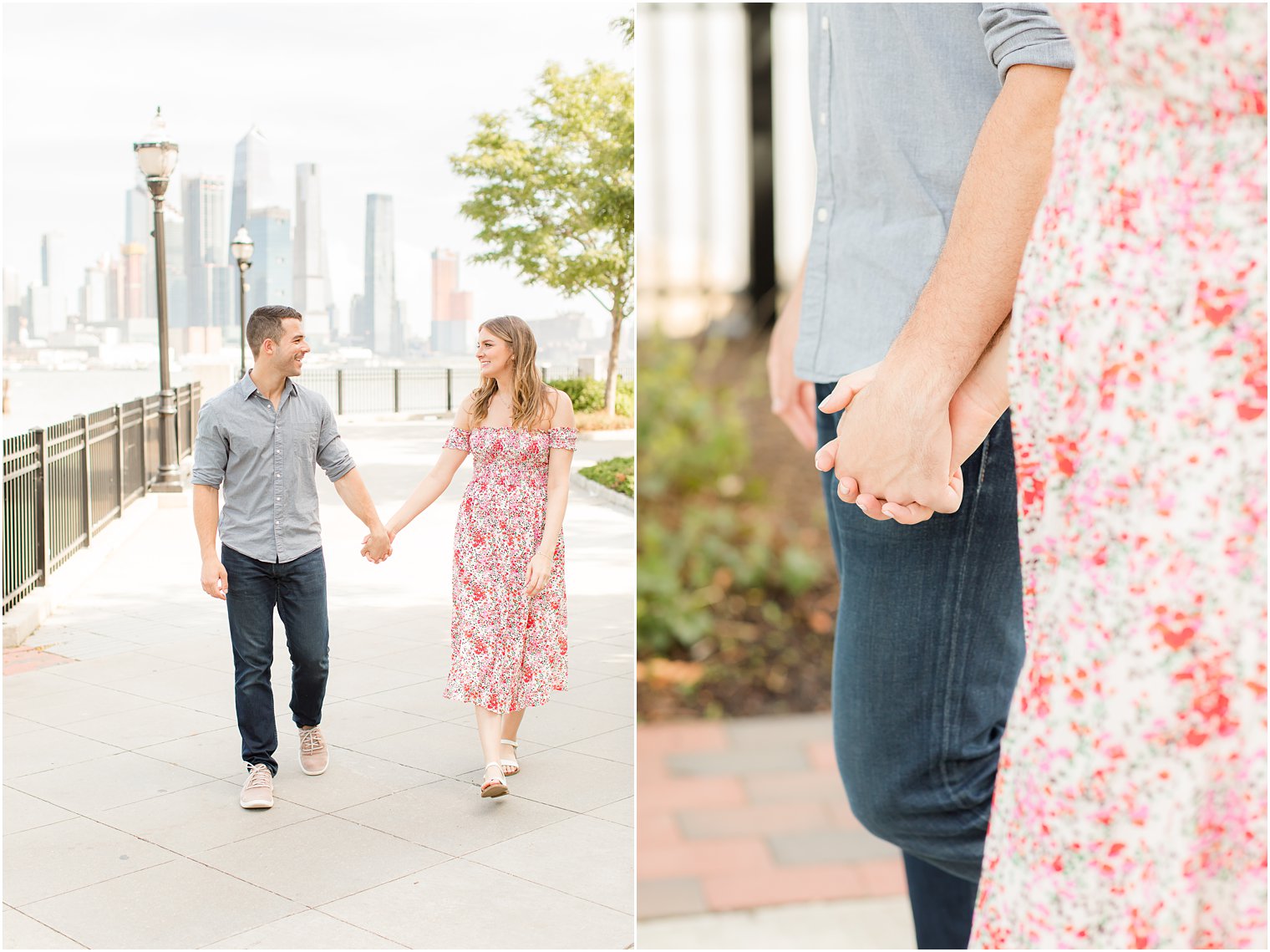 bride and groom hold hands walking through Weehawken NJ during engagement photos 