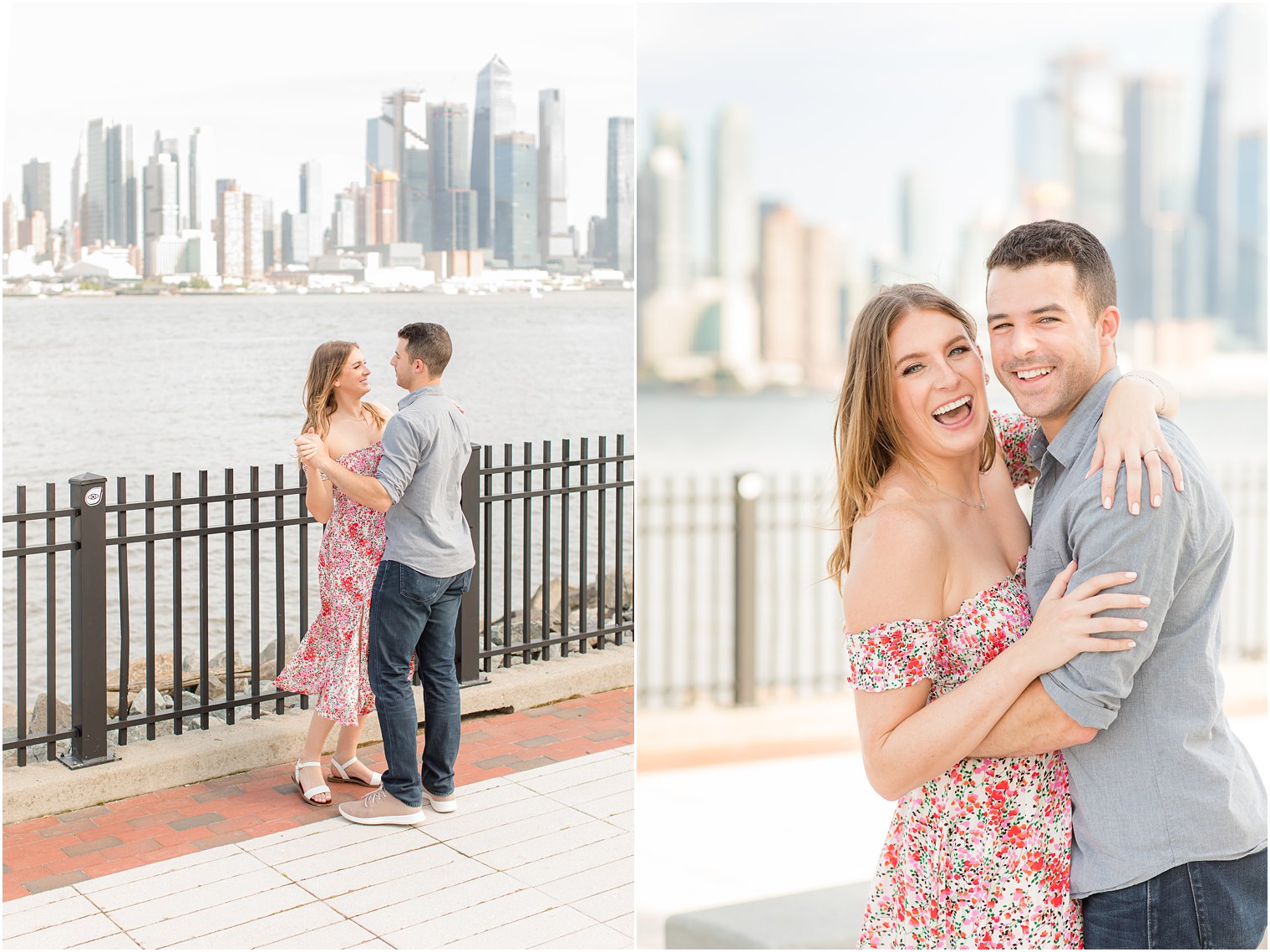 engaged couple dances along Hudson River in New Jersey 