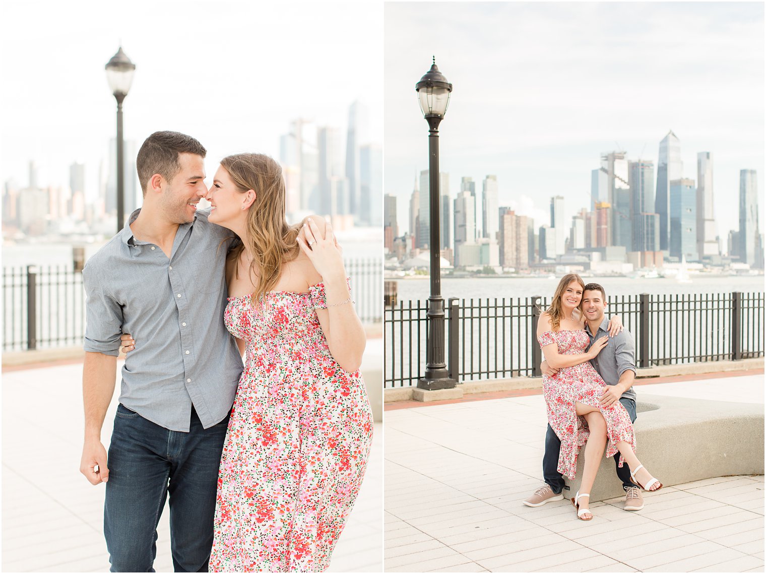 bride and groom sit in waterfront park during NJ engagement session 