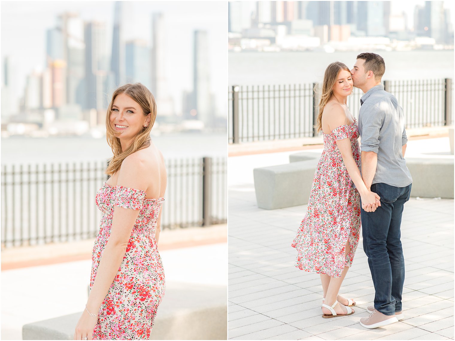 bride and groom hold hands during summer Weehawken waterfront engagement session 