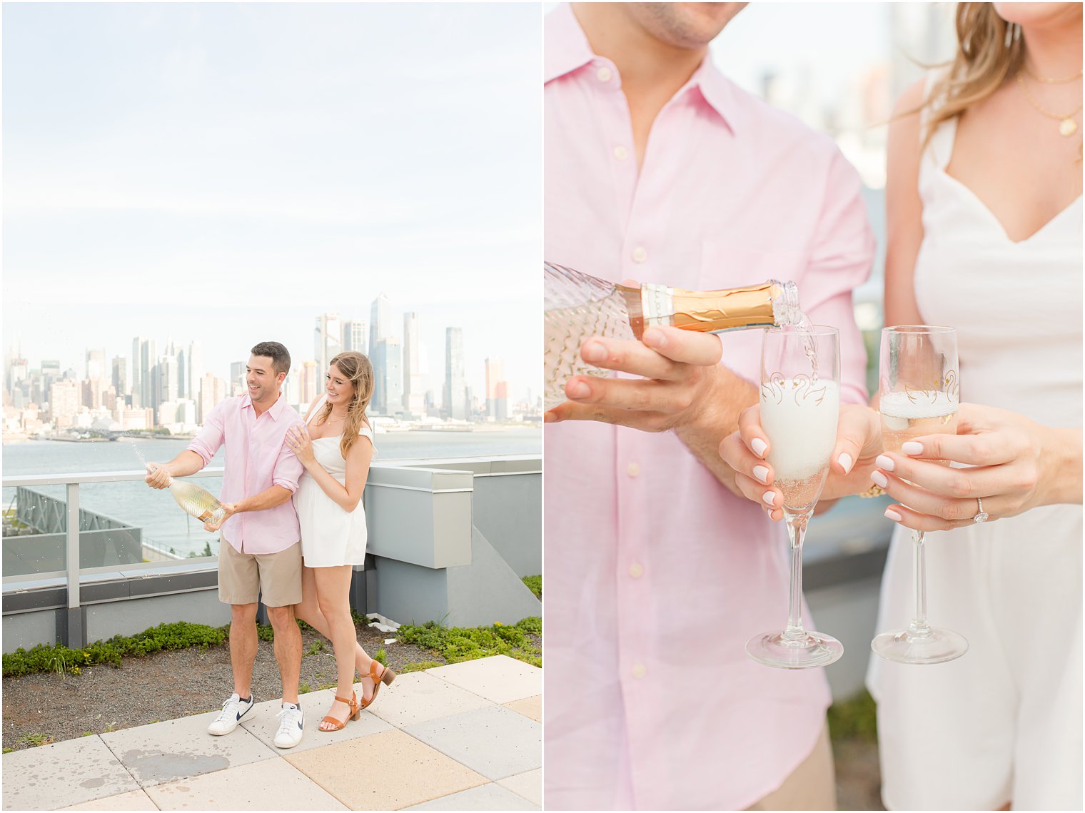 engaged couple pops champagne for NJ engagement session on rooftop bar 