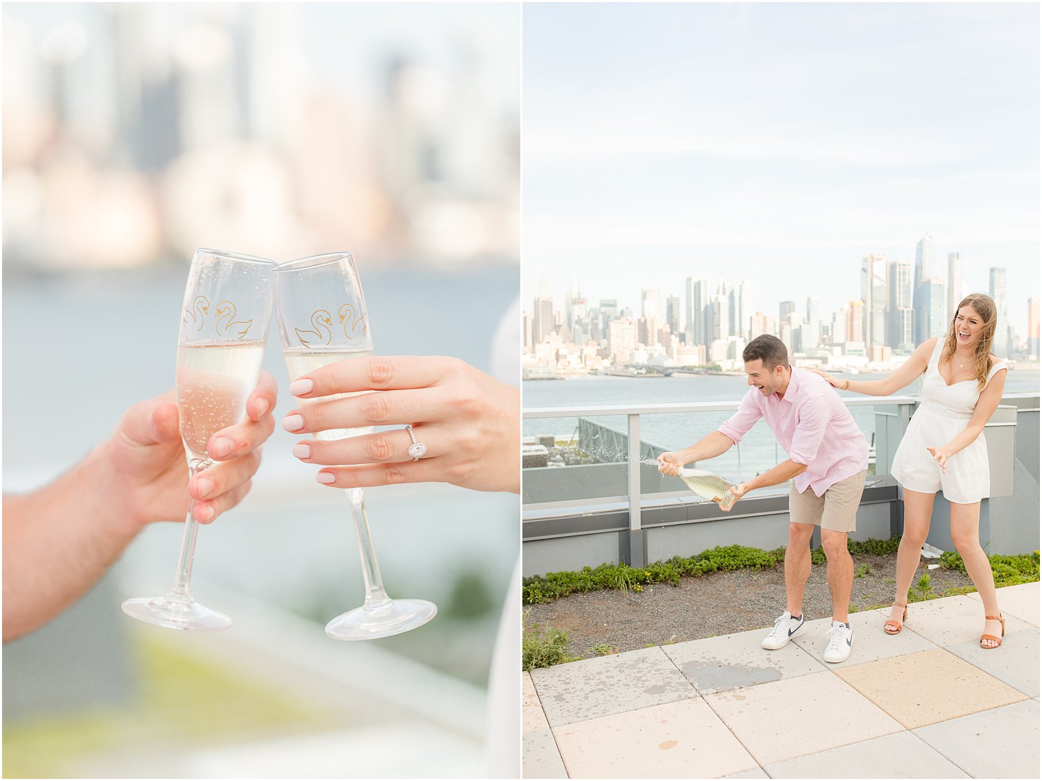 bride and groom toast champagne during Weehawken NJ engagement session 