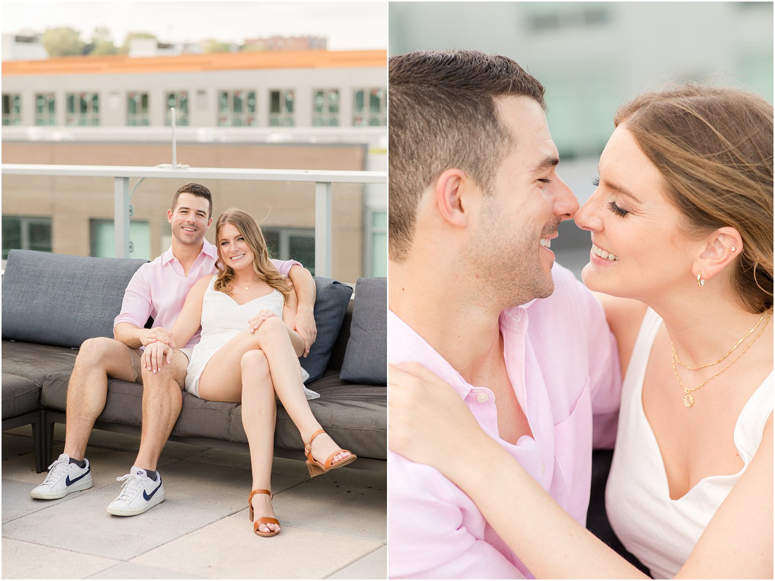engaged couple lounges on rooftop bar in New Jersey 