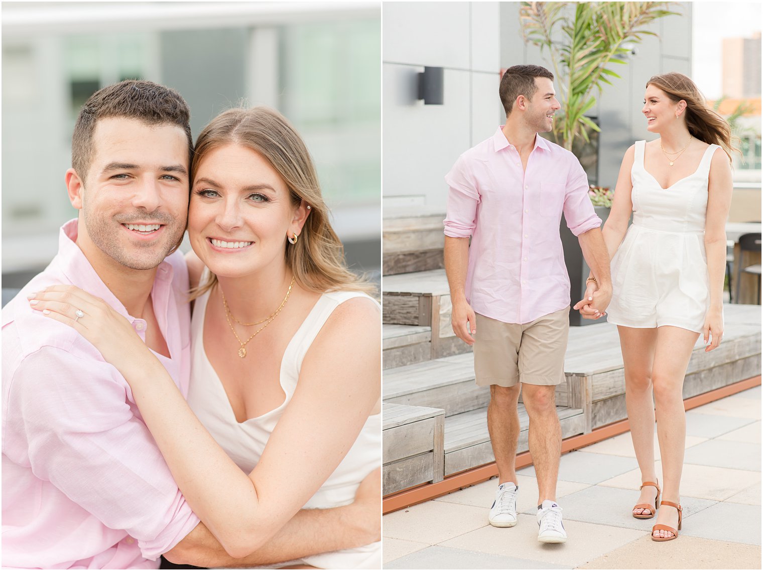 engaged couple walks along rooftop bar in Weehawken NJ