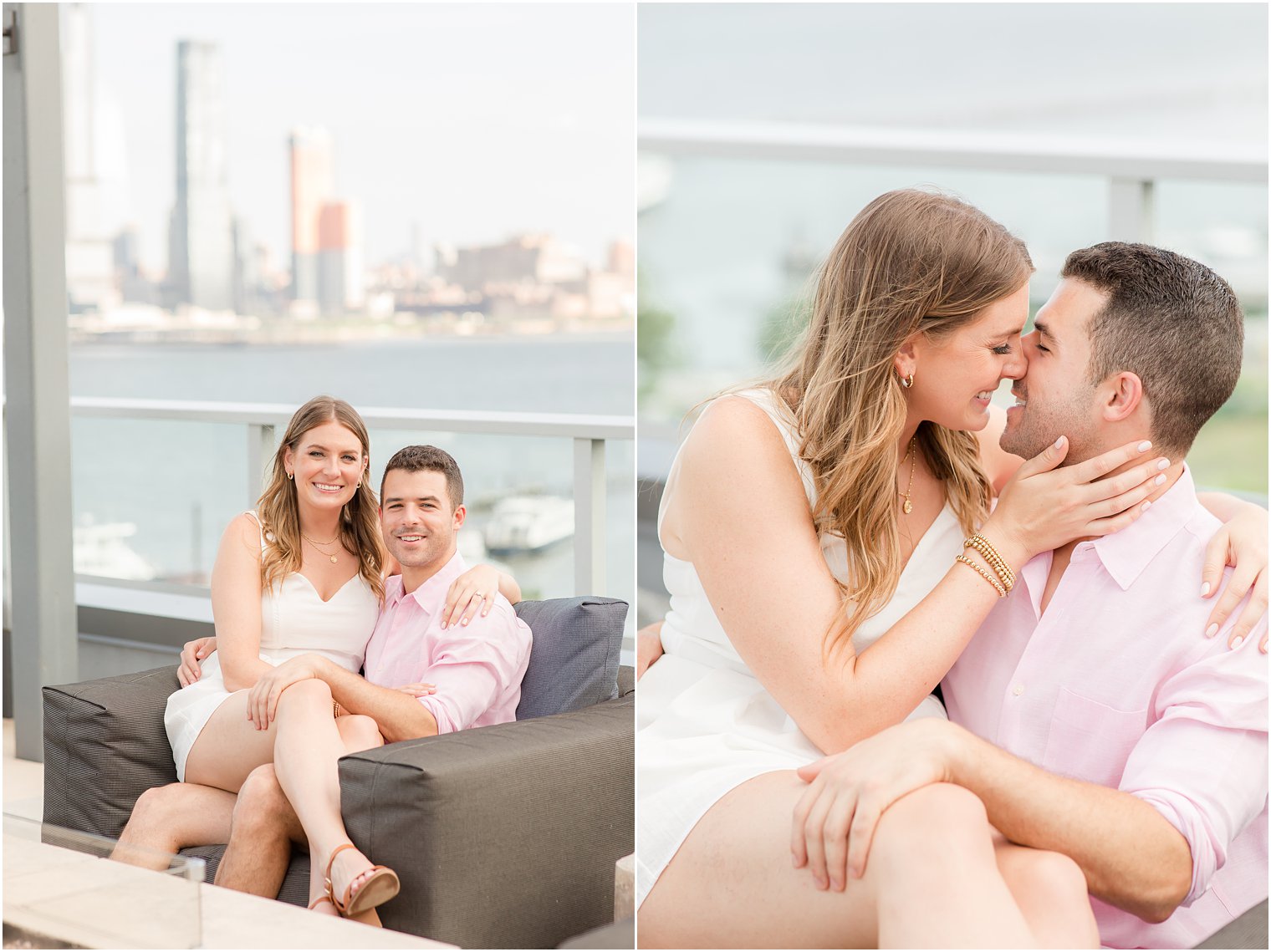 couple lounges in chair during Weehawken Waterfront engagement session