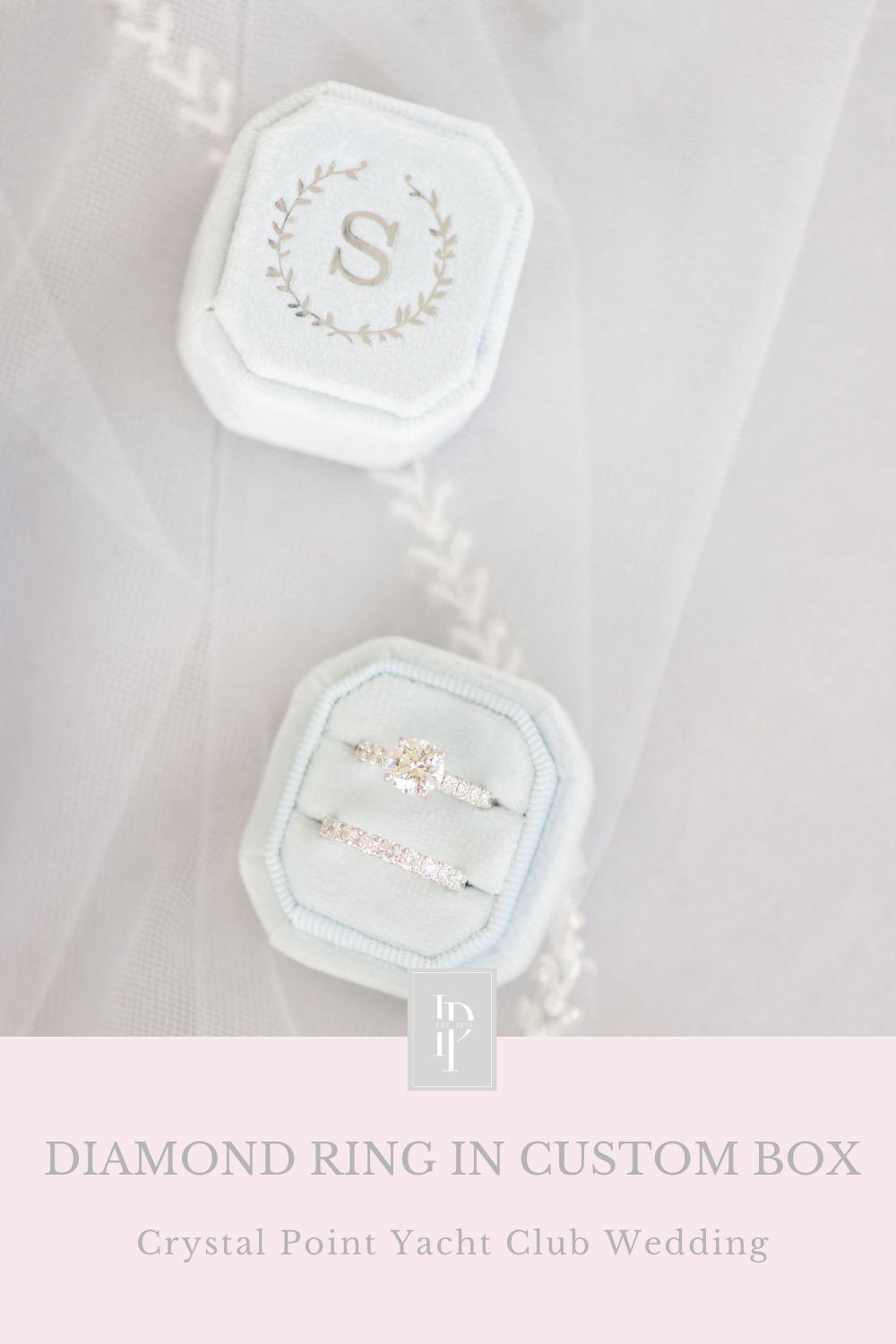 custom engagement ring in monogramed box