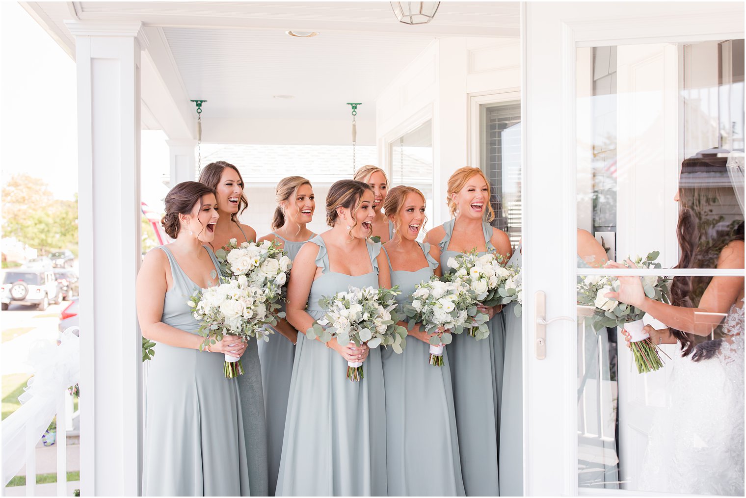 First Look with Bridesmaids: Getting Ready Photo Ideas for Wedding Day shared by New Jersey wedding photographer Idalia Photography