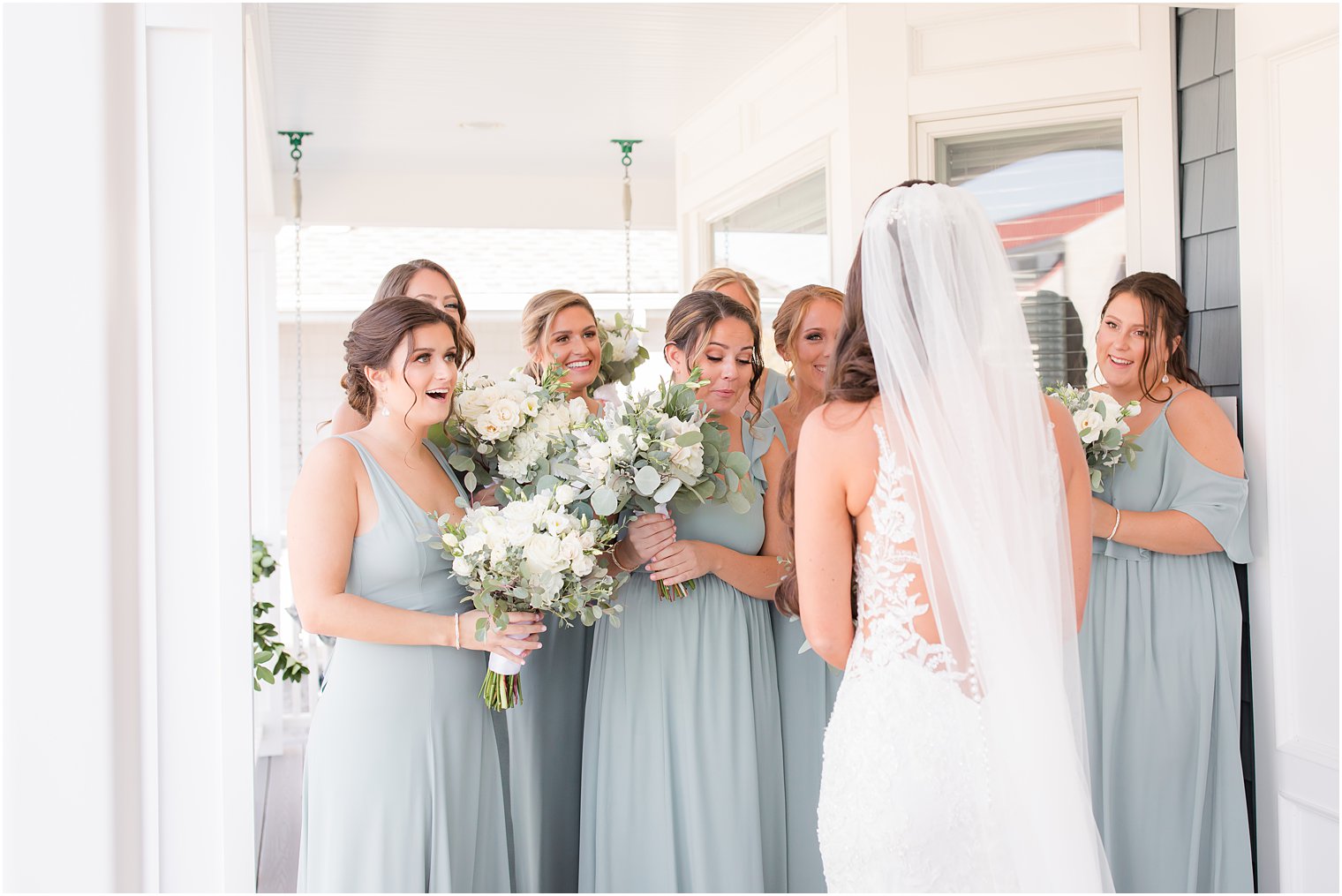 first look with bridesmaids for bride on NJ wedding day