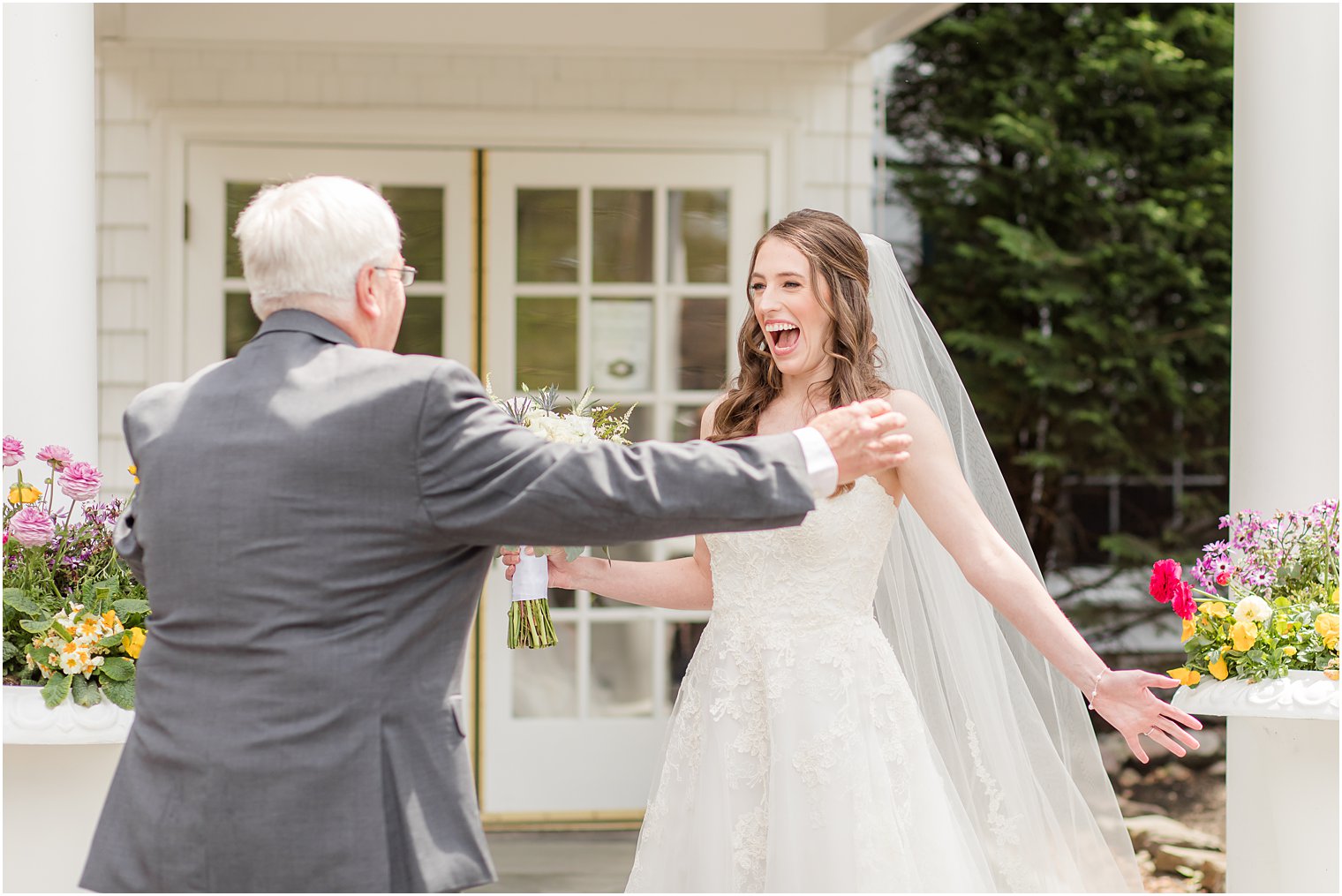 bride and dad react during first look in New Jersey 
